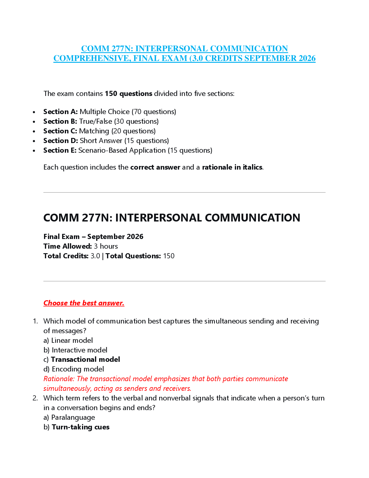 Recommended document preview for COMM 277N: INTERPERSONAL COMMUNICATION  COMPREHENSIVE, FINAL EXAM (3.0 CREDITS SEPTEMBER 2026