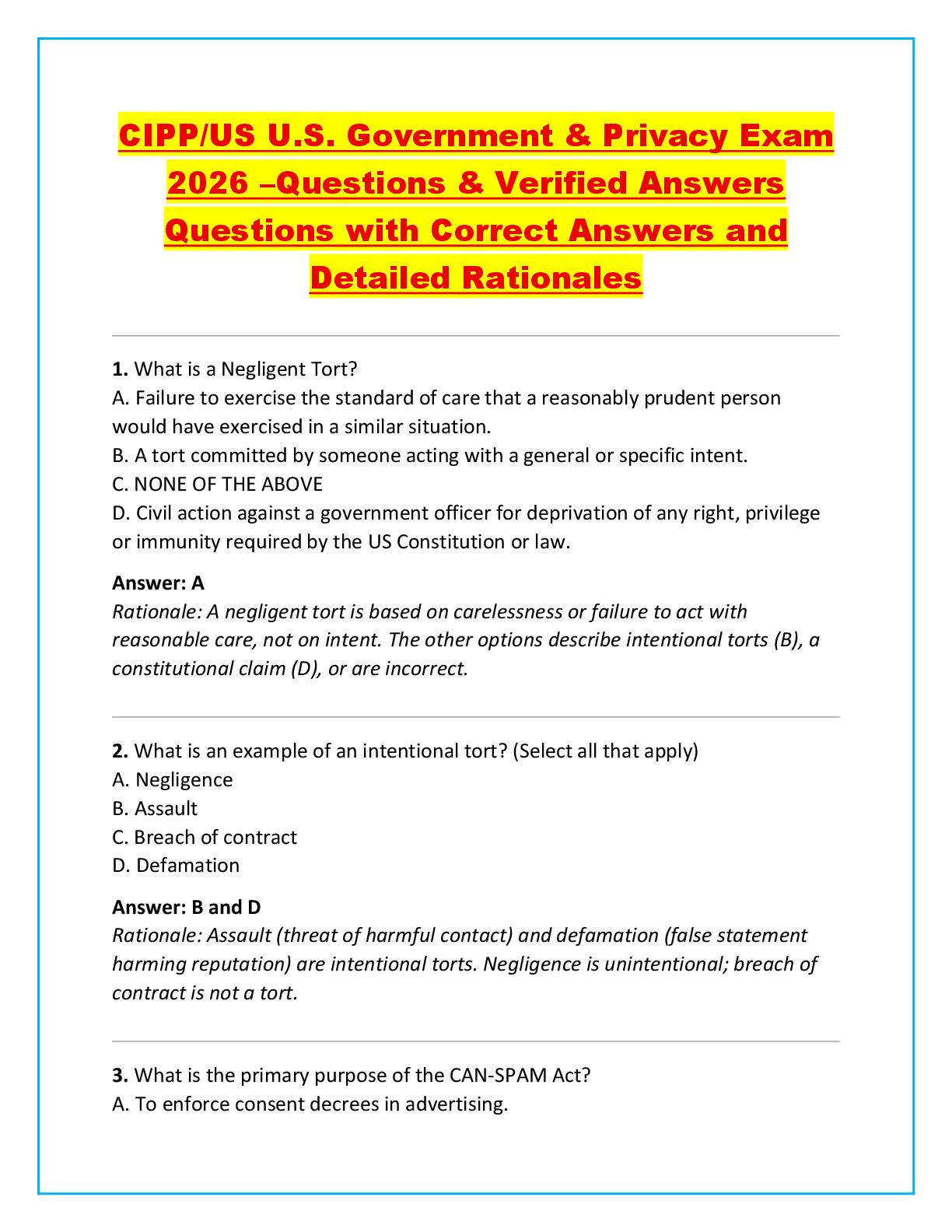 Recommended document preview for CIPP/US U.S. Government & Privacy Exam  2026 –Questions & Verified Answers  Questions with Correct Answers and  Detailed Rationales