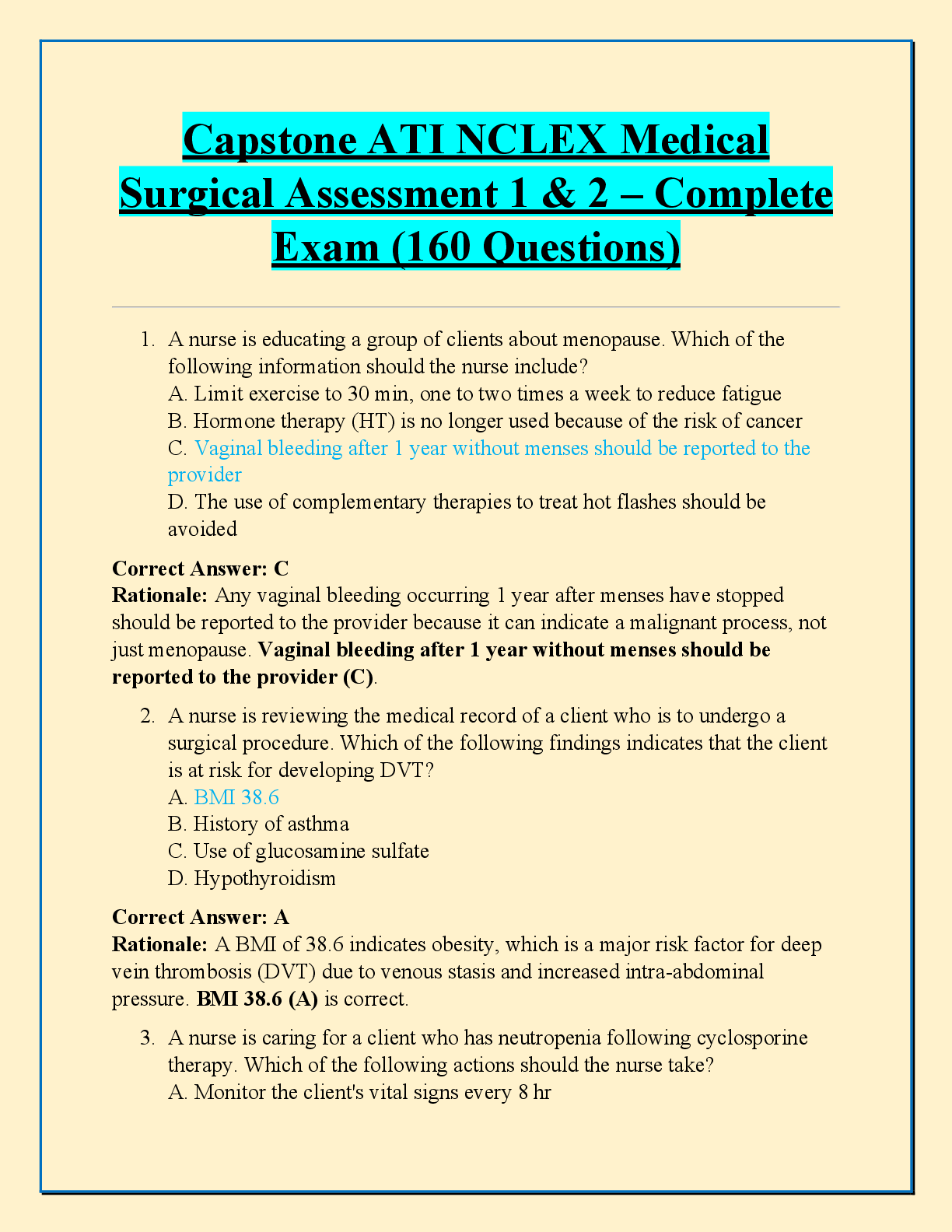 Recommended document preview for Capstone ATI NCLEX Medical Surgical Assessment 1 & 2 – Complete Exam (160 Questions)