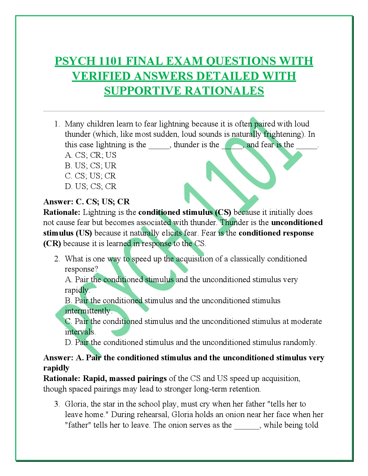 Recommended document preview for PSYCH 1101 FINAL EXAM QUESTIONS WITH  VERIFIED ANSWERS DETAILED WITH  SUPPORTIVE RATIONALES