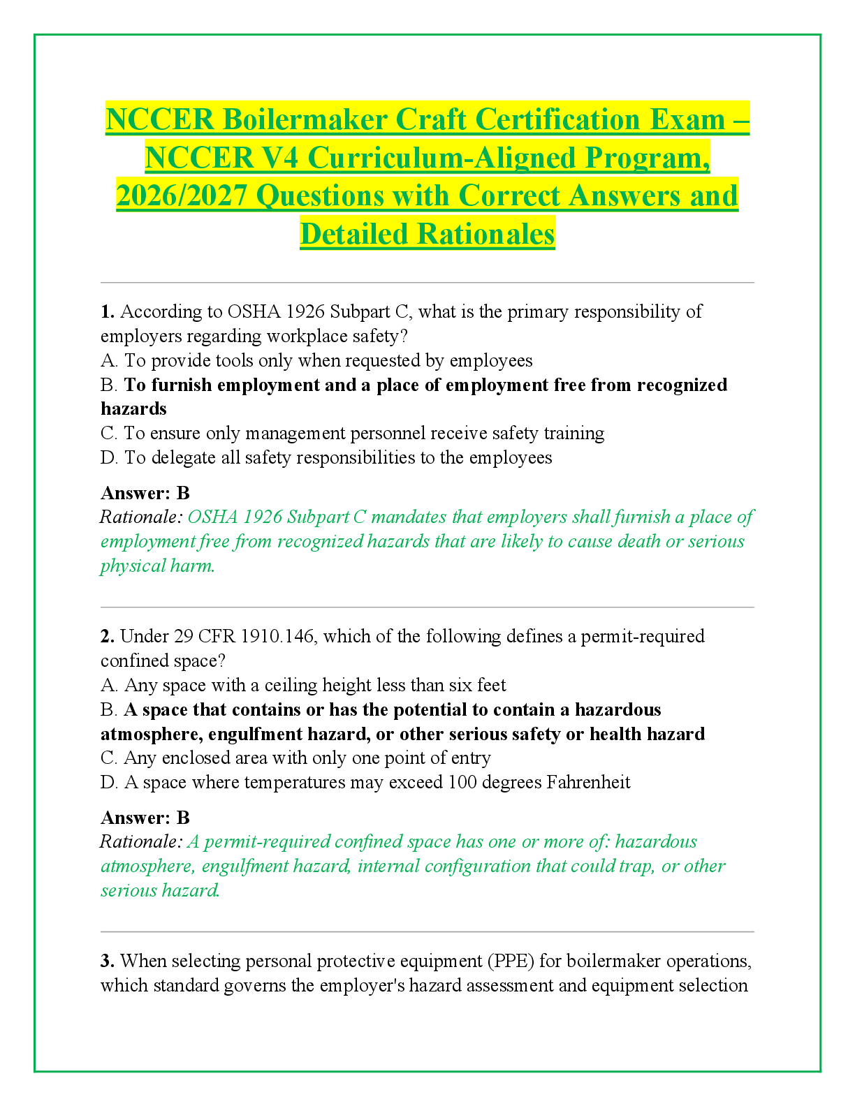 Recommended document preview for NCCER Boilermaker Craft Certification Exam –  NCCER V4 Curriculum-Aligned Program,  2026/2027 Questions with Correct Answers and  Detailed Rationales