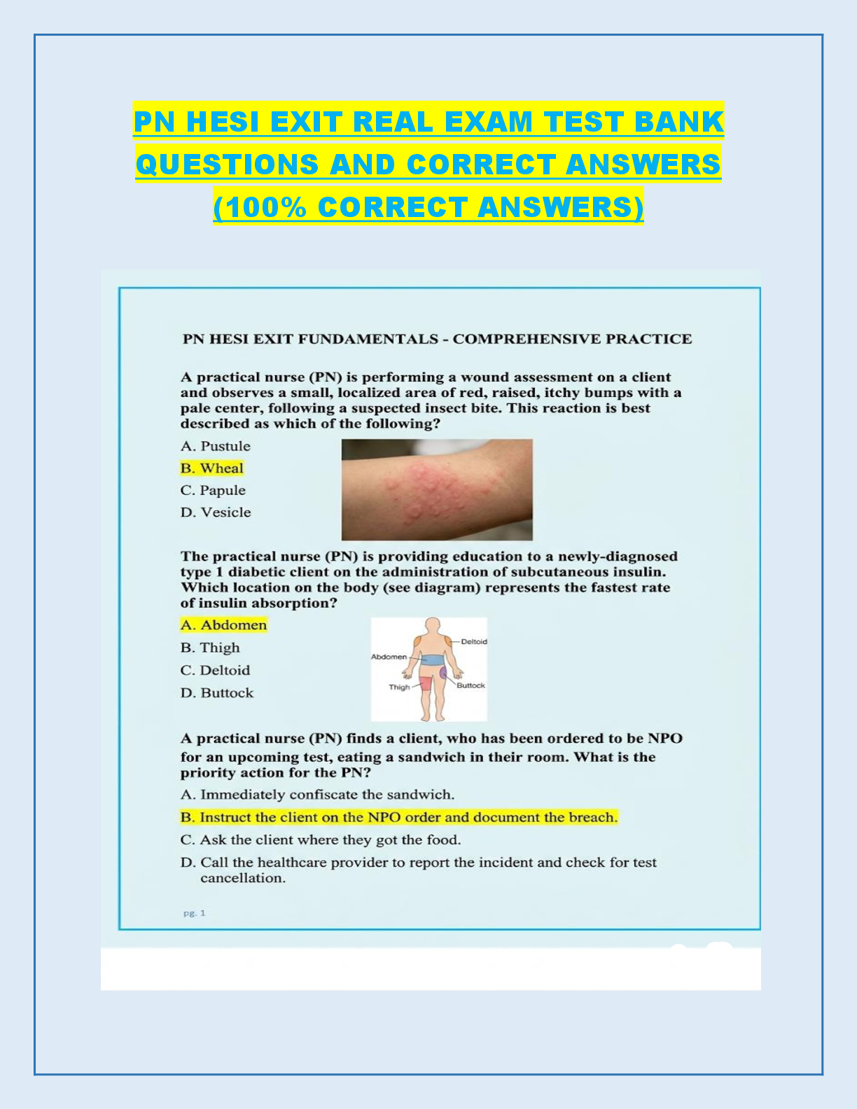 Recommended document preview for PN HESI EXIT REAL EXAM TEST BANK  QUESTIONS AND CORRECT ANSWERS  (100% CORRECT ANSWERS