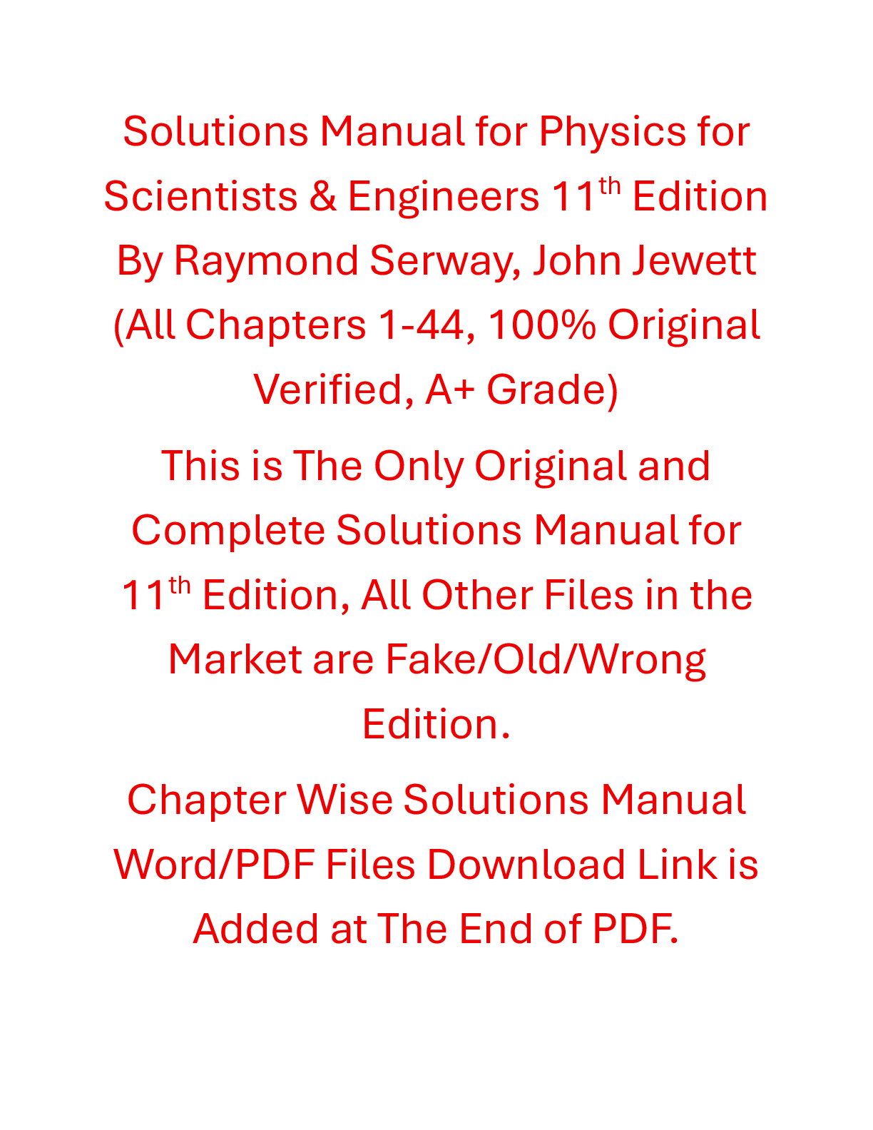 Solutions Manual Physics for Scientists & Engineers 11th Edition By Raymond Serway, John Jewett