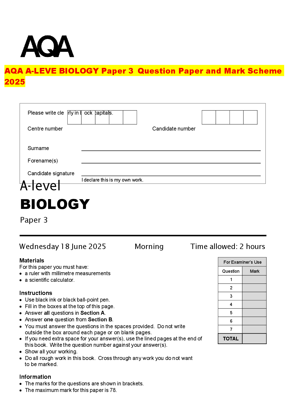 Recommended document preview for AQA A-LEVE BIOLOGY Paper 3 Question Paper and Mark Scheme 2025
