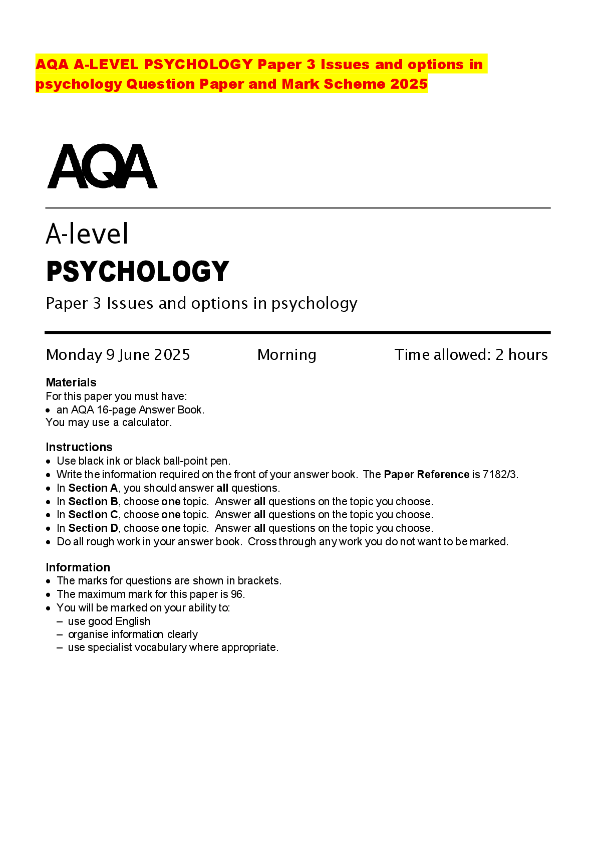 Recommended document preview for AQA A-LEVEL PSYCHOLOGY Paper 3 Issues and options in psychology Question Paper and Mark Scheme 2025