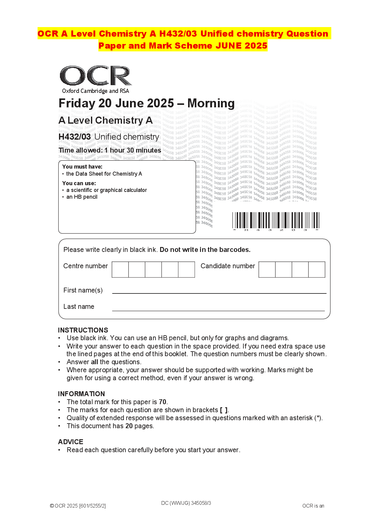 Recommended document preview for OCR A Level Chemistry A H432/03 Unified chemistry Question Paper and Mark Scheme JUNE 2025