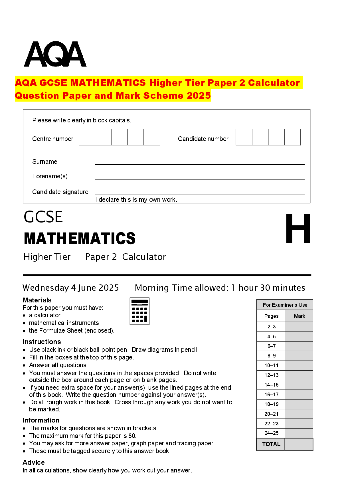 Recommended document preview for AQA GCSE MATHEMATICS Higher Tier Paper 2 Calculator Question Paper and Mark Scheme 2025