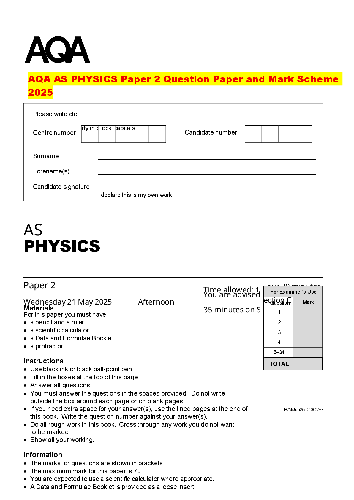Recommended document preview for AQA AS PHYSICS Paper 2 Question Paper and Mark Scheme 2025