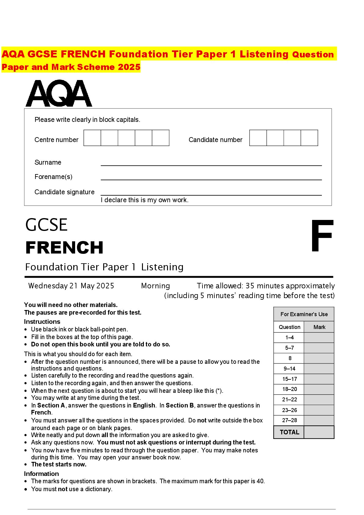Recommended document preview for AQA GCSE FRENCH Foundation Tier Paper 1 Listening Question Paper and Mark Scheme 2025