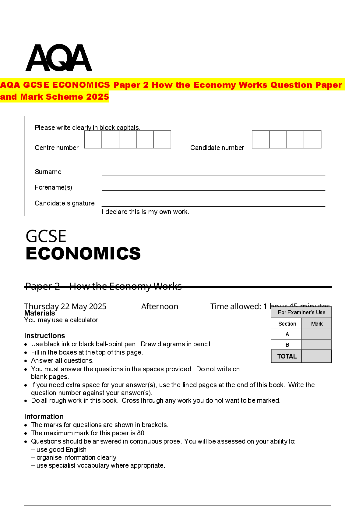 Recommended document preview for AQA GCSE ECONOMICS Paper 2 How the Economy Works Question Paper and Mark Scheme 2025