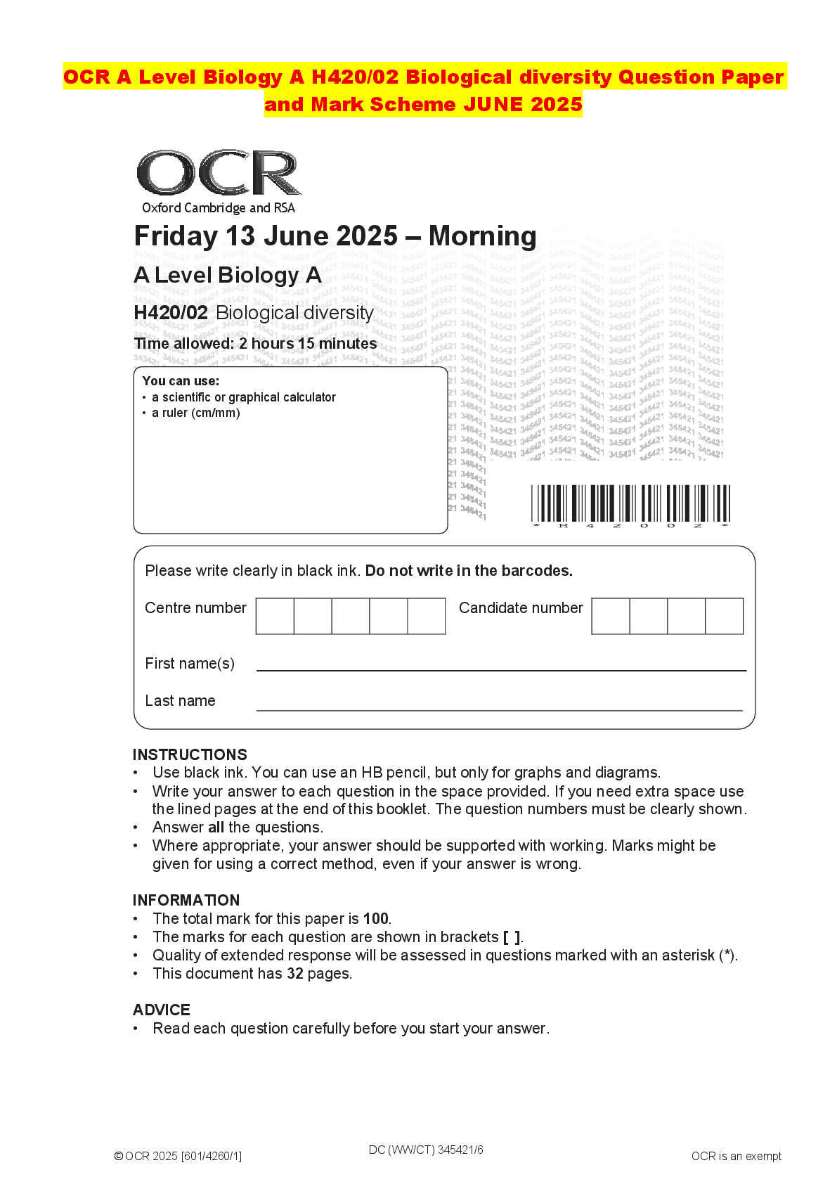 Recommended document preview for OCR A Level Biology A H420/02 Biological diversity Question Paper and Mark Scheme JUNE 2025