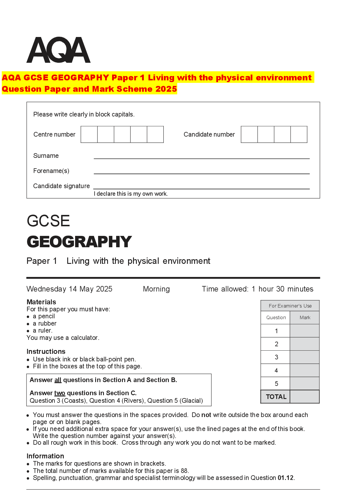 Recommended document preview for AQA GCSE GEOGRAPHY Paper 1 Living with the physical environment Question Paper and Mark Scheme 2025