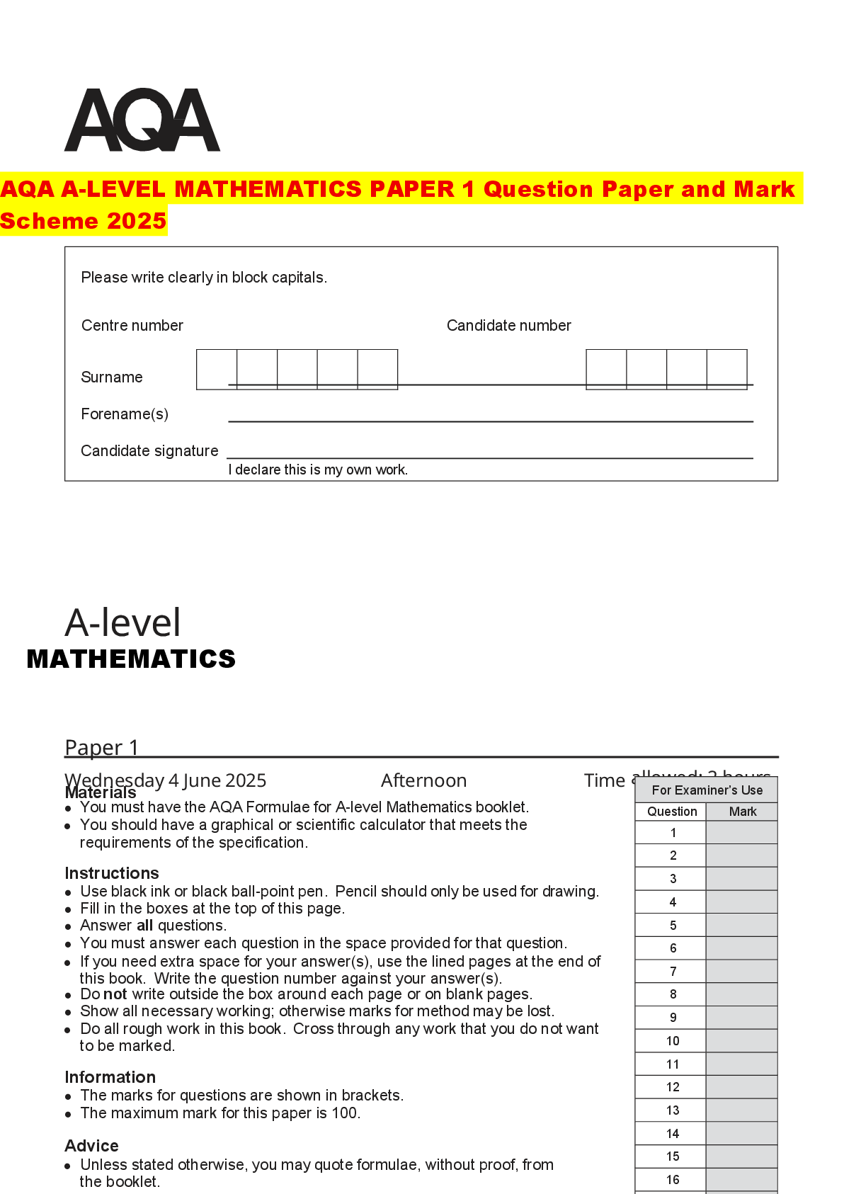 Recommended document preview for AQA A-LEVEL MATHEMATICS PAPER 1 Question Paper and Mark Scheme 2025