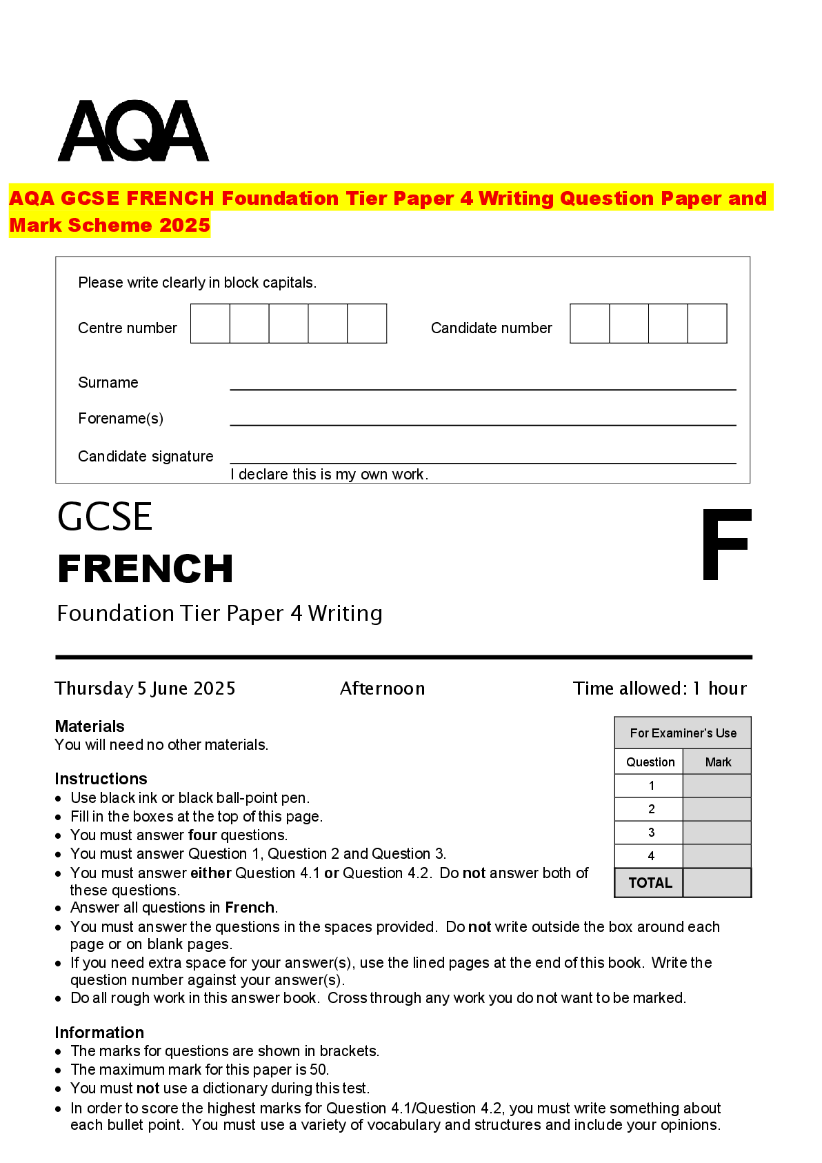 Recommended document preview for AQA GCSE FRENCH Foundation Tier Paper 4 Writing Question Paper and Mark Scheme 2025