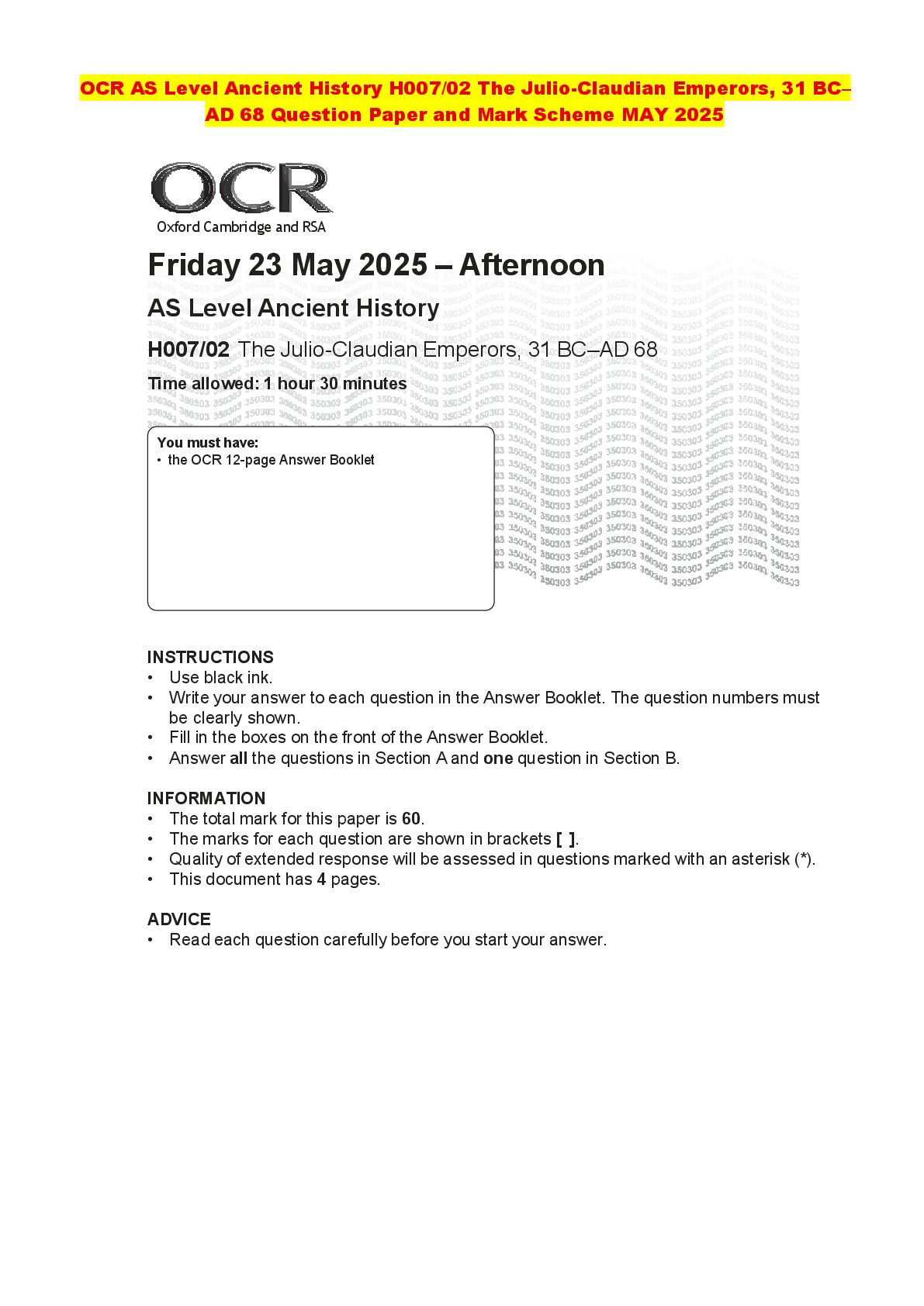 Recommended document preview for OCR AS Level Ancient History H007/02 The Julio-Claudian Emperors, 31 BC– AD 68 Question Paper and Mark Scheme MAY 2025