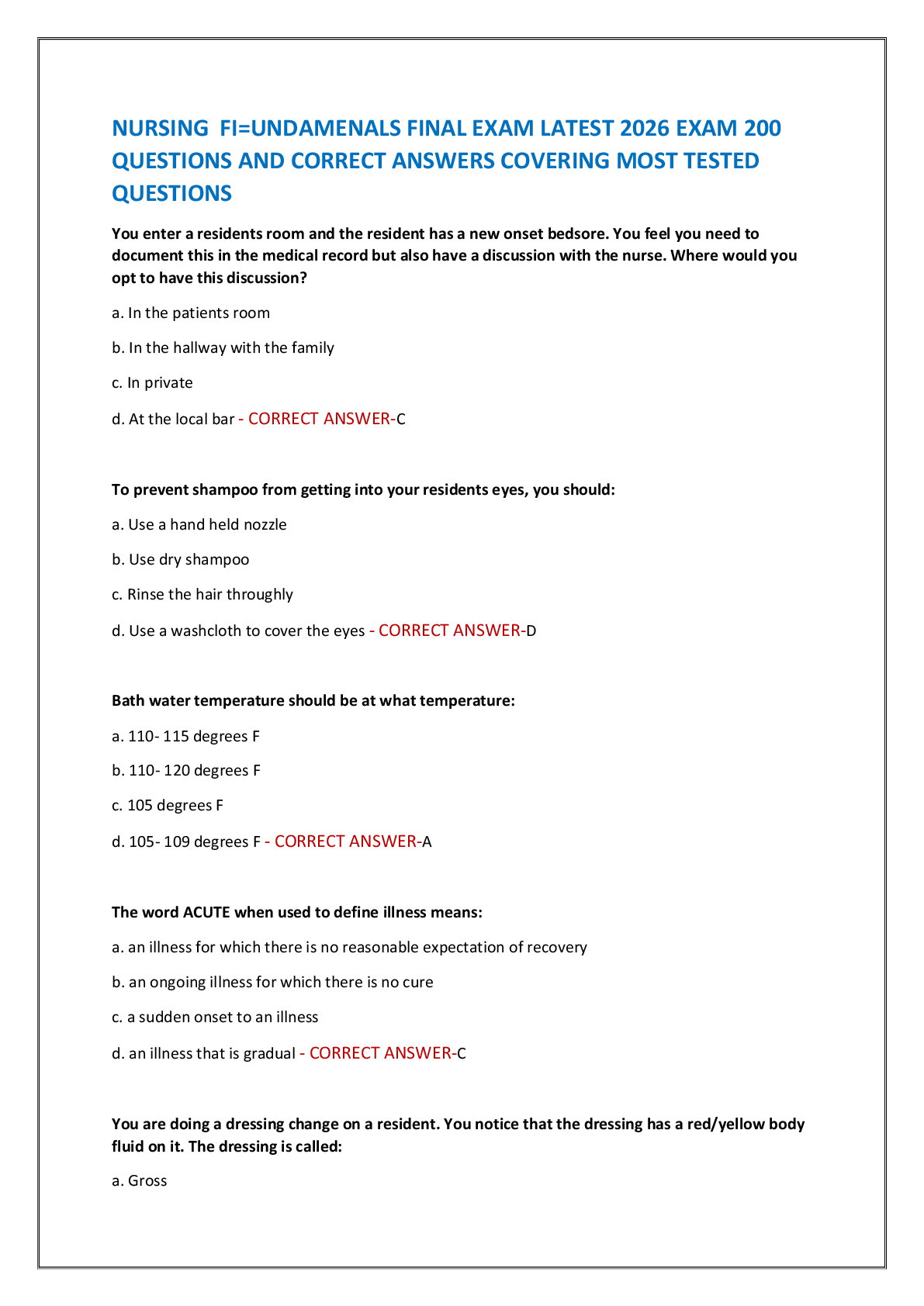 Recommended document preview for NURSING  FI=UNDAMENALS FINAL EXAM LATEST 2026 EXAM 200  QUESTIONS AND CORRECT ANSWERS COVERING MOST TESTED  QUESTIONS