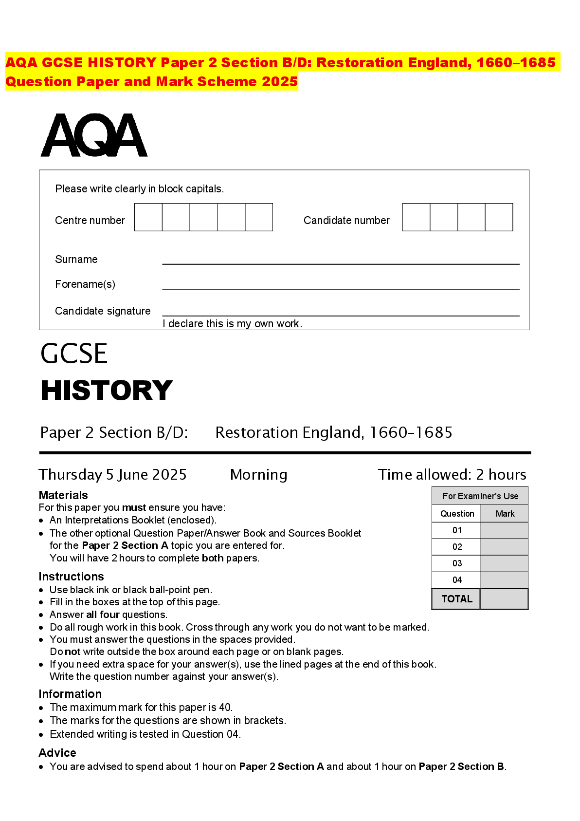 Preview of AQA GCSE HISTORY Paper 2 Section B/D: Restoration England, 1660–1685 Question Paper and Ma