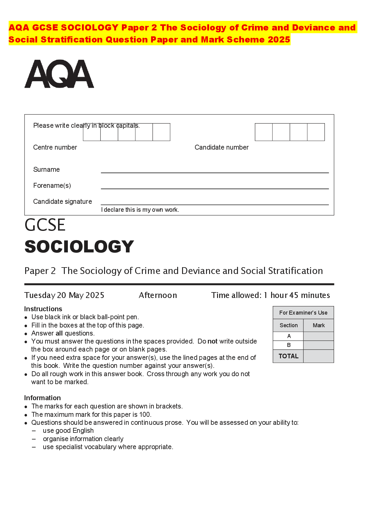 Preview of AQA GCSE SOCIOLOGY Paper 2 The Sociology of Crime and Deviance and Social Stratification Q