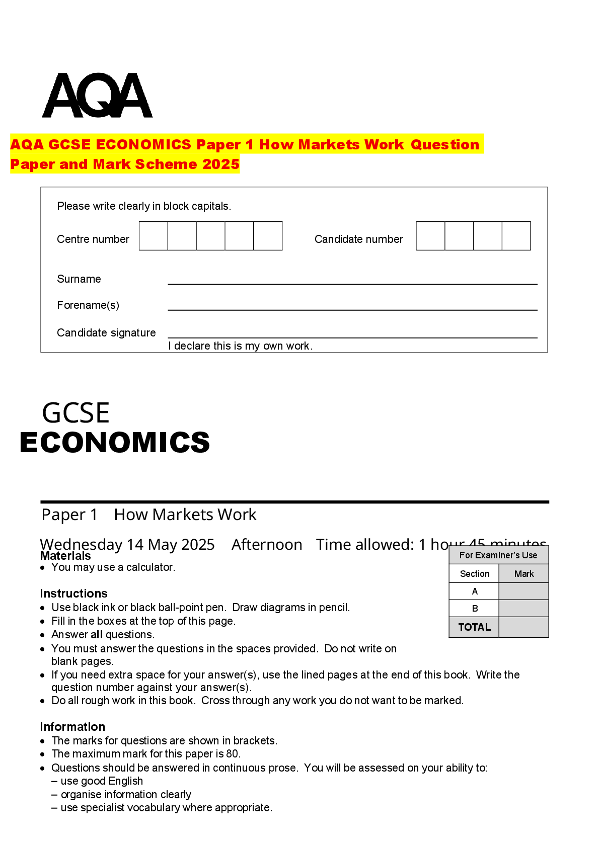 Recommended document preview for AQA GCSE ECONOMICS Paper 1 How Markets Work Question Paper and Mark Scheme 2025