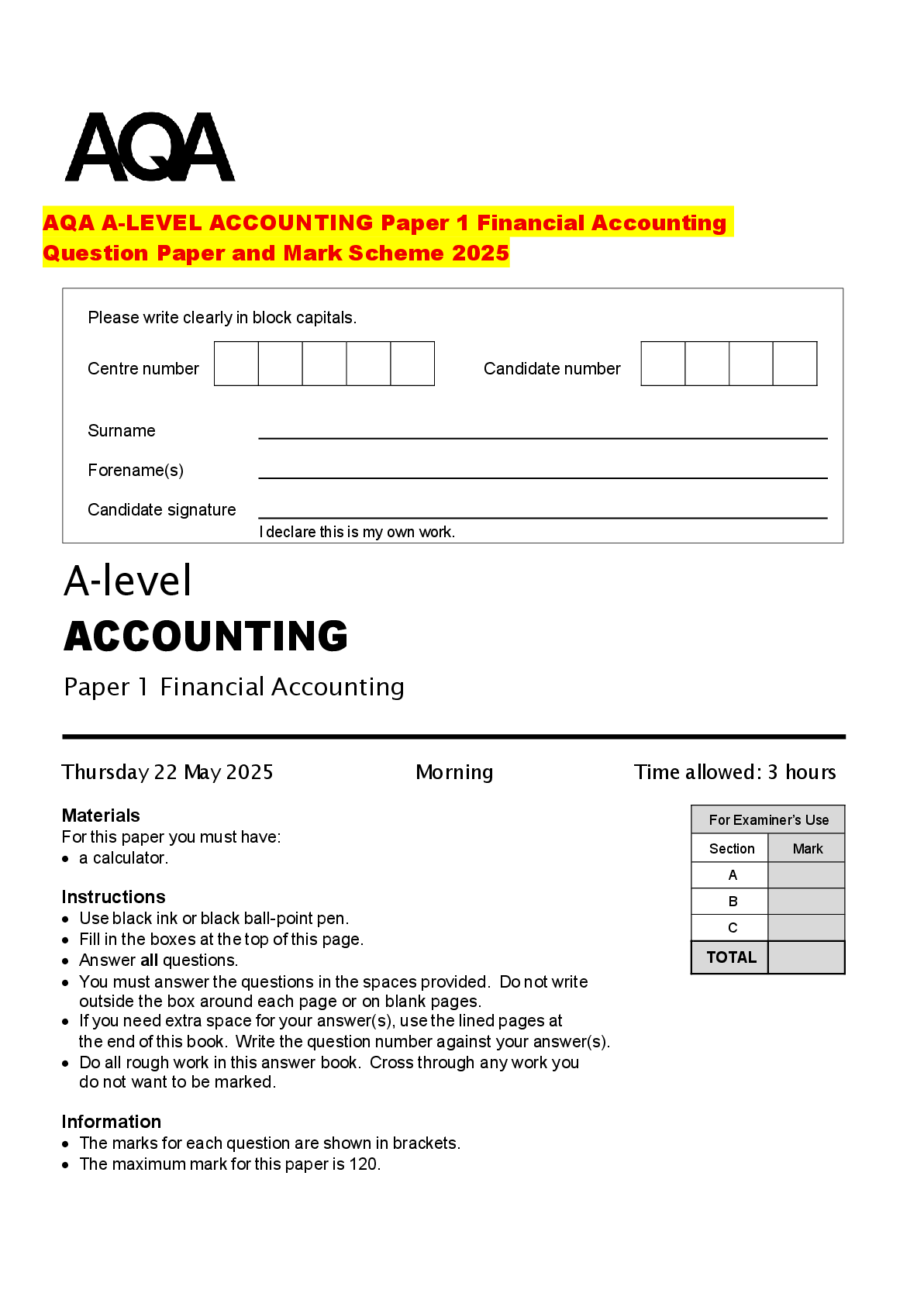 Recommended document preview for AQA A-LEVEL ACCOUNTING Paper 1 Financial Accounting Question Paper and Mark Scheme 2025