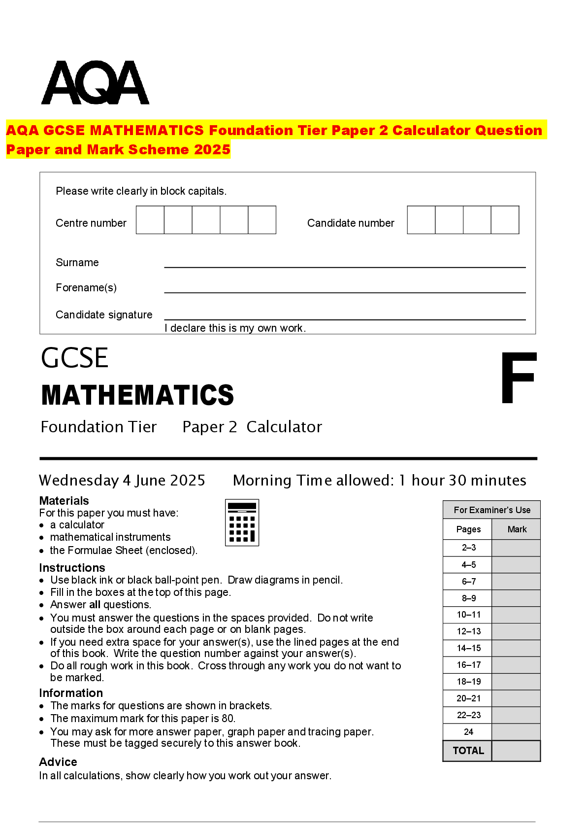 Recommended document preview for AQA GCSE MATHEMATICS Foundation Tier Paper 2 Calculator Question Paper and Mark Scheme 2025