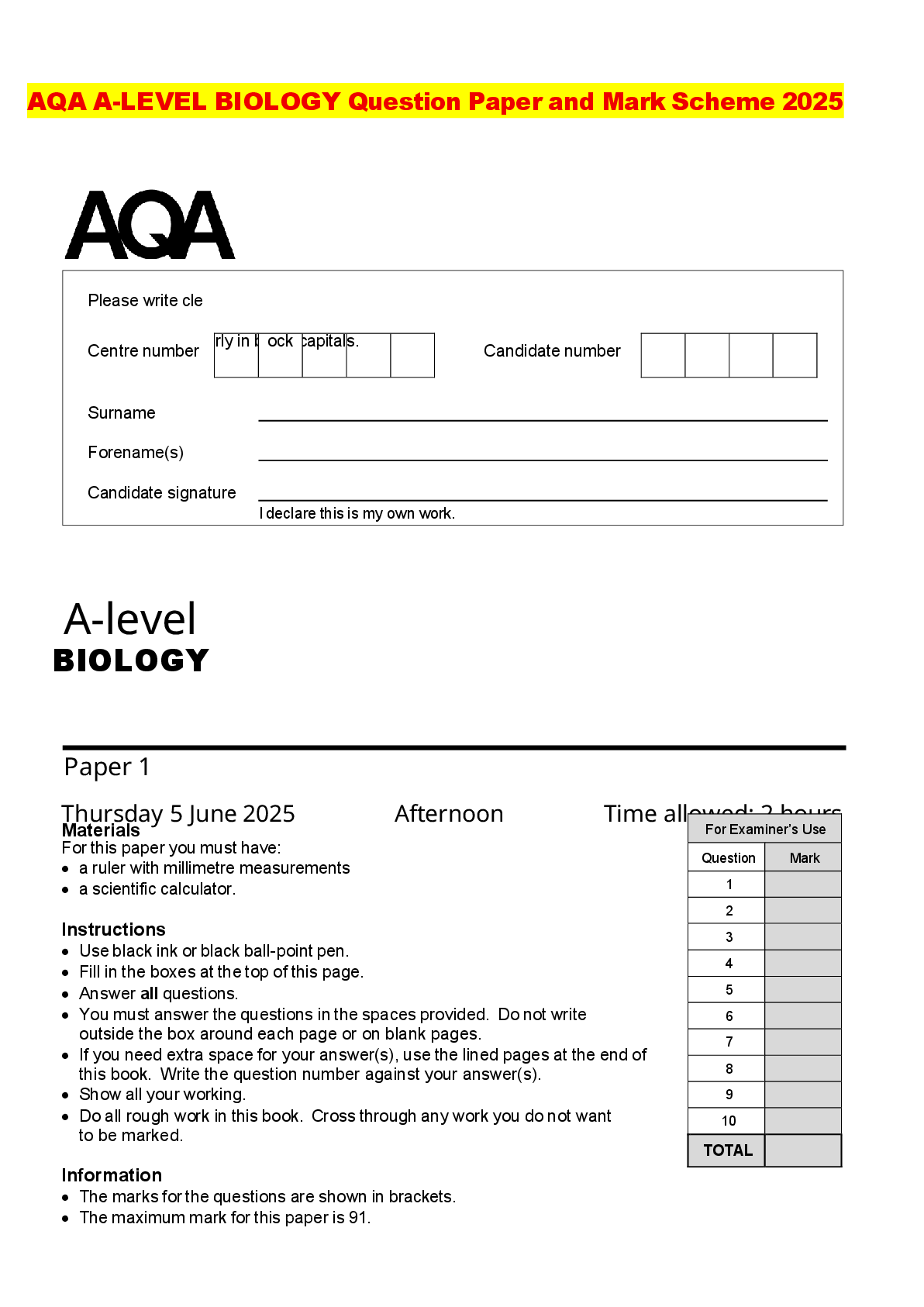 Recommended document preview for AQA A-LEVEL BIOLOGY Question Paper and Mark Scheme 2025
