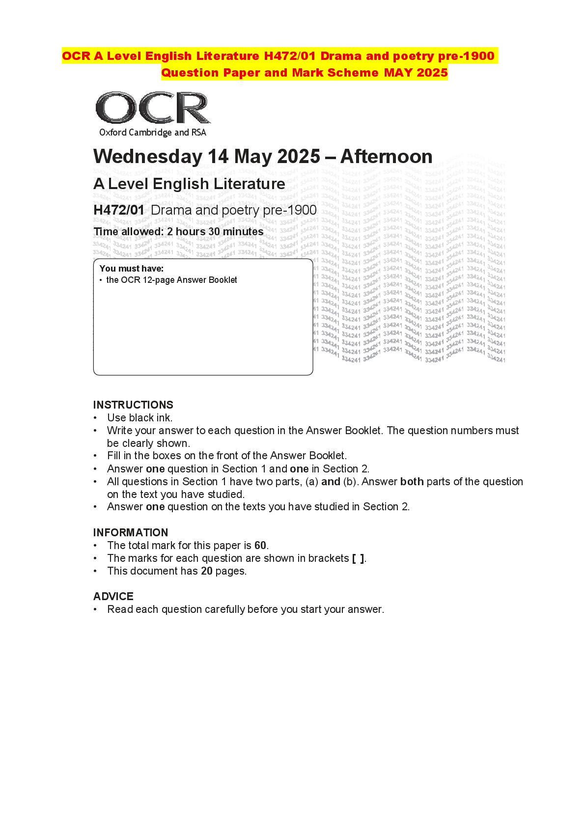 Recommended document preview for OCR A Level English Literature H472/01 Drama and poetry pre-1900 Question Paper and Mark Scheme MAY 2025