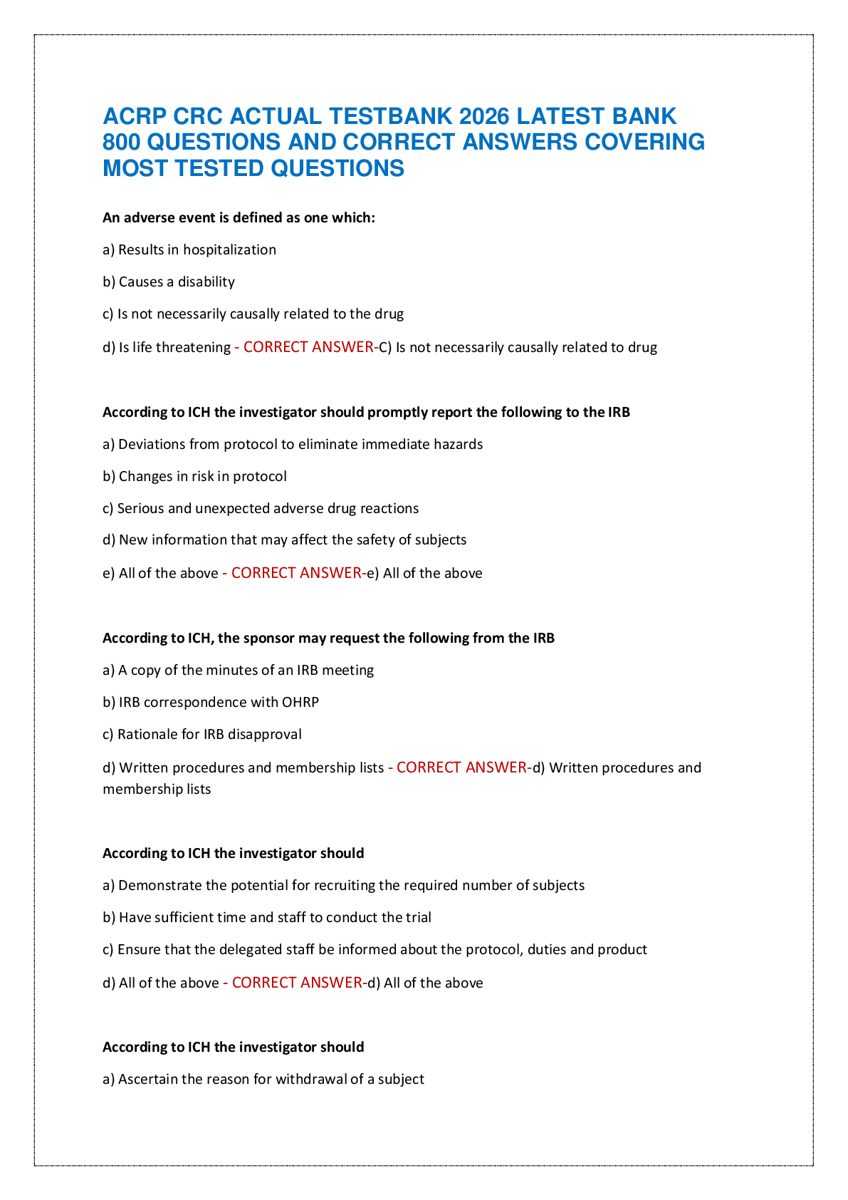 Recommended document preview for ACRP CRC ACTUAL TESTBANK 2026 LATEST BANK  800 QUESTIONS AND CORRECT ANSWERS COVERING  MOST TESTED QUESTIONS