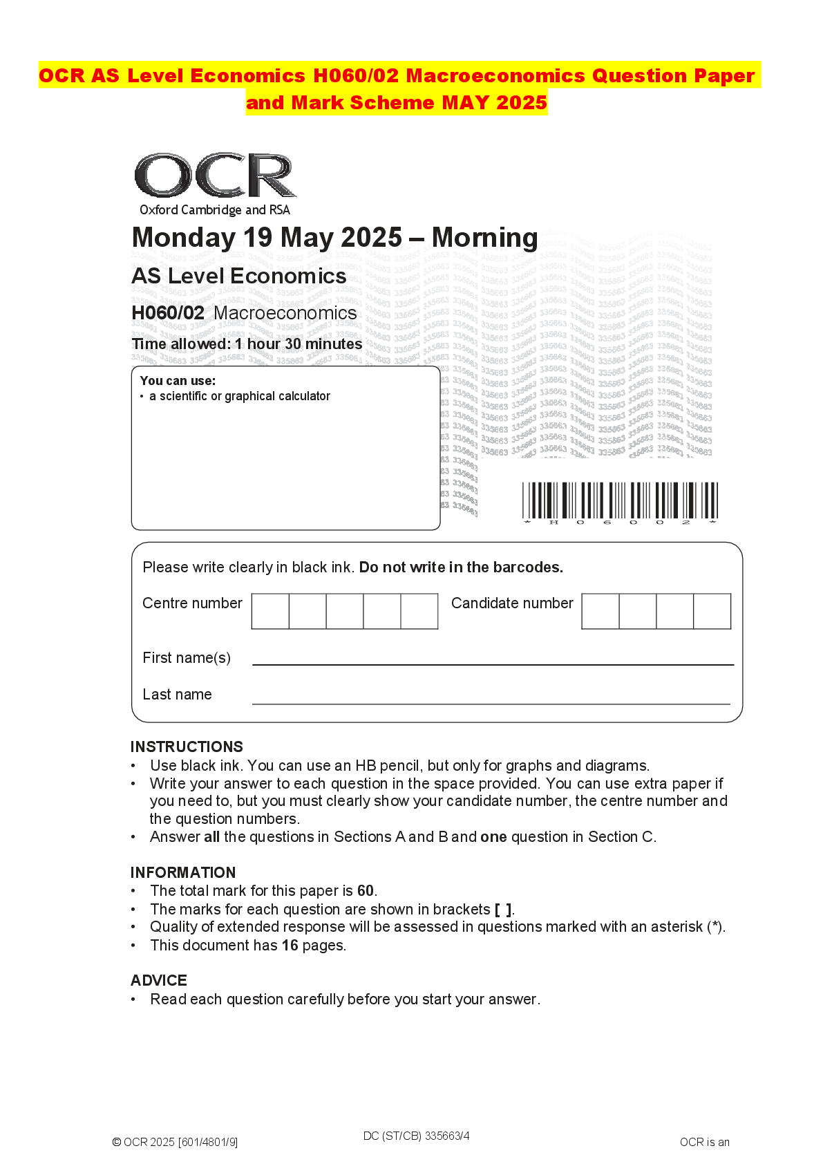 Recommended document preview for OCR AS Level Economics H060/02 Macroeconomics Question Paper and Mark Scheme MAY 2025