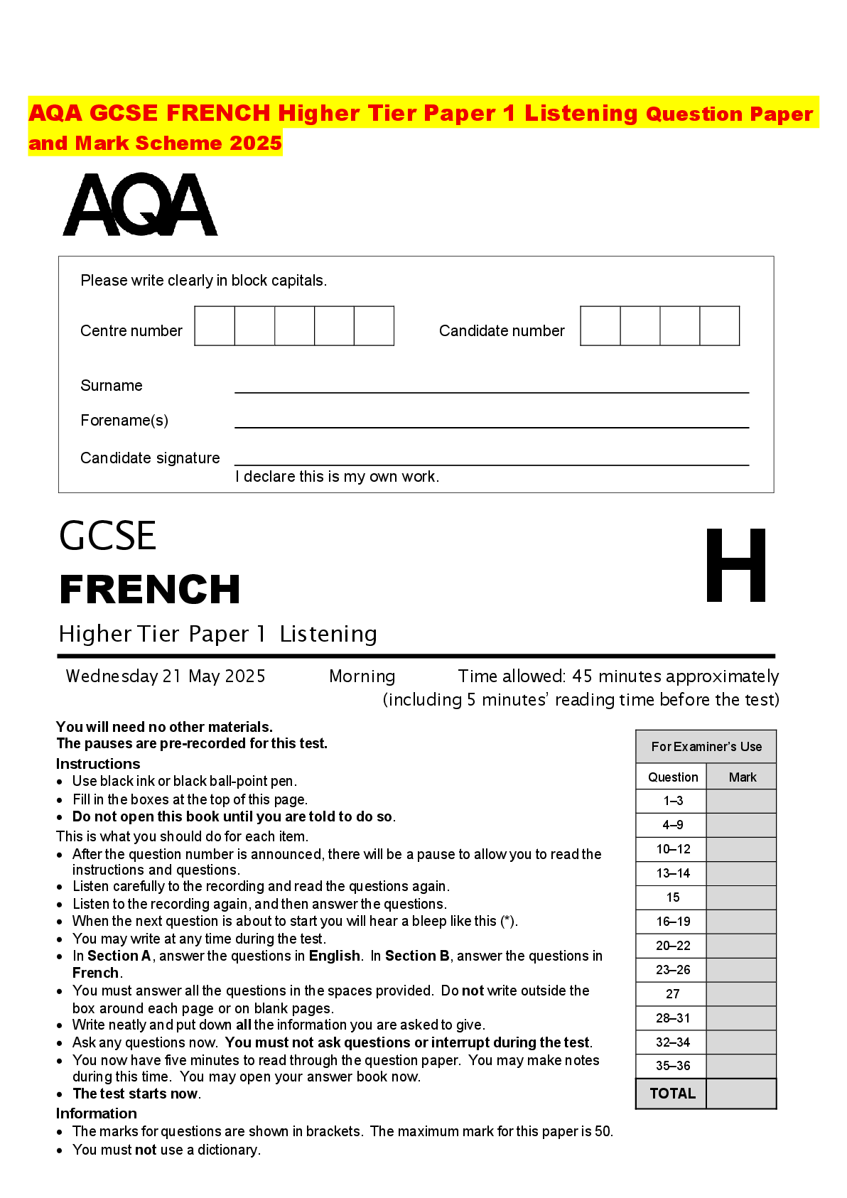 Recommended document preview for AQA GCSE FRENCH Higher Tier Paper 1 Listening Question Paper and Mark Scheme 2025