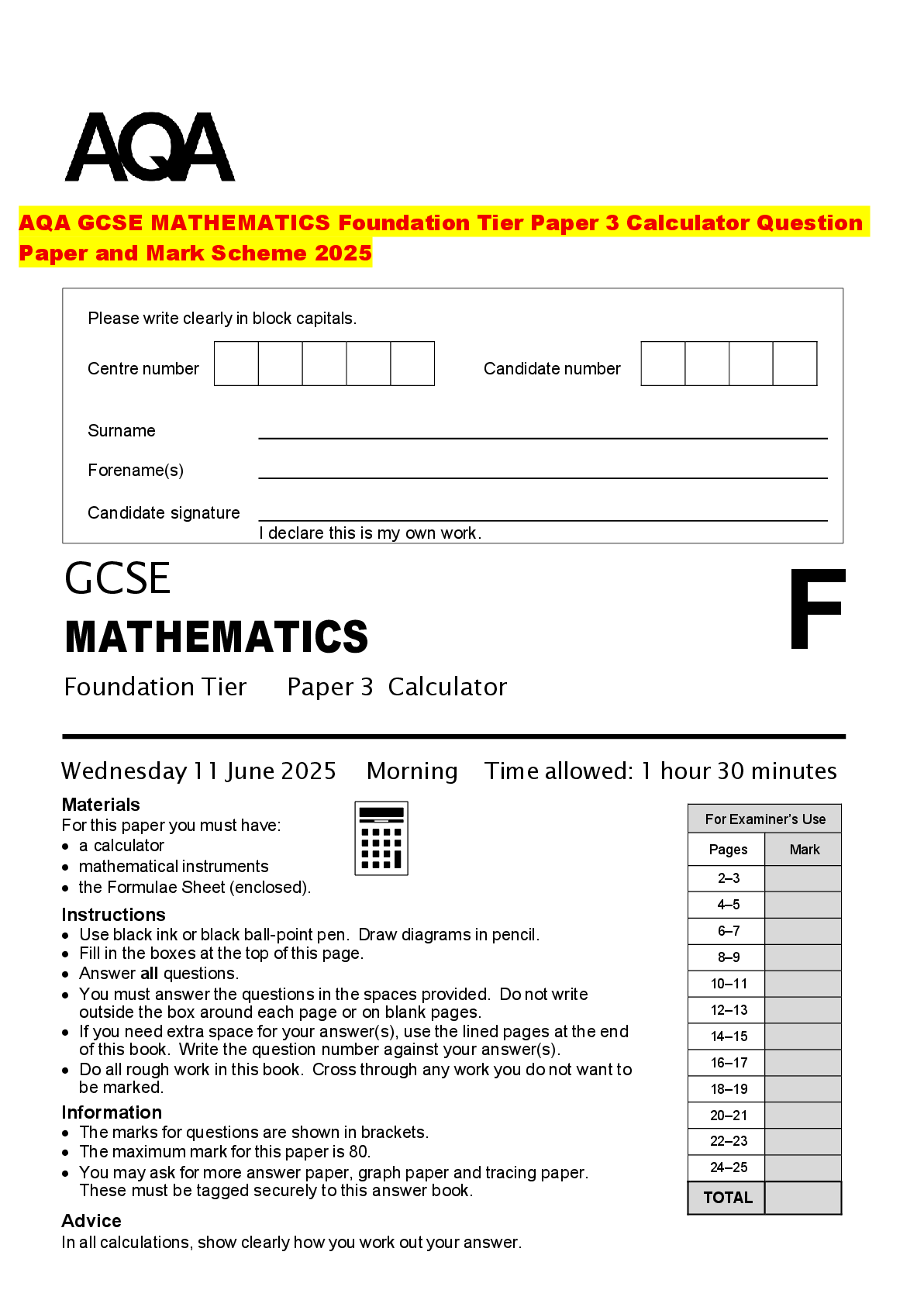 Recommended document preview for AQA GCSE MATHEMATICS Foundation Tier Paper 3 Calculator Question Paper and Mark Scheme 2025