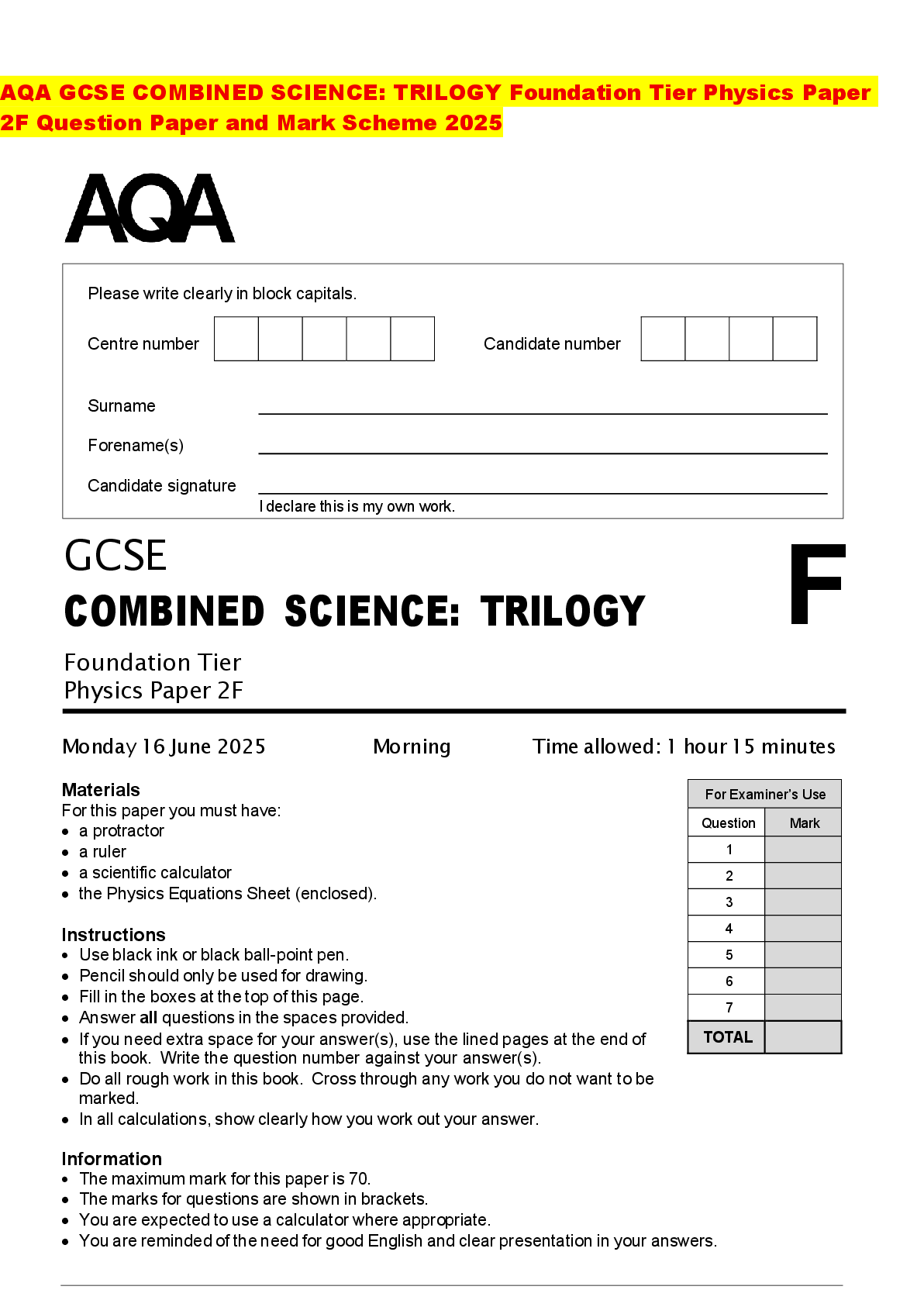 Recommended document preview for AQA GCSE COMBINED SCIENCE: TRILOGY Foundation Tier Physics Paper 2F Question Paper and Mark Scheme 2025