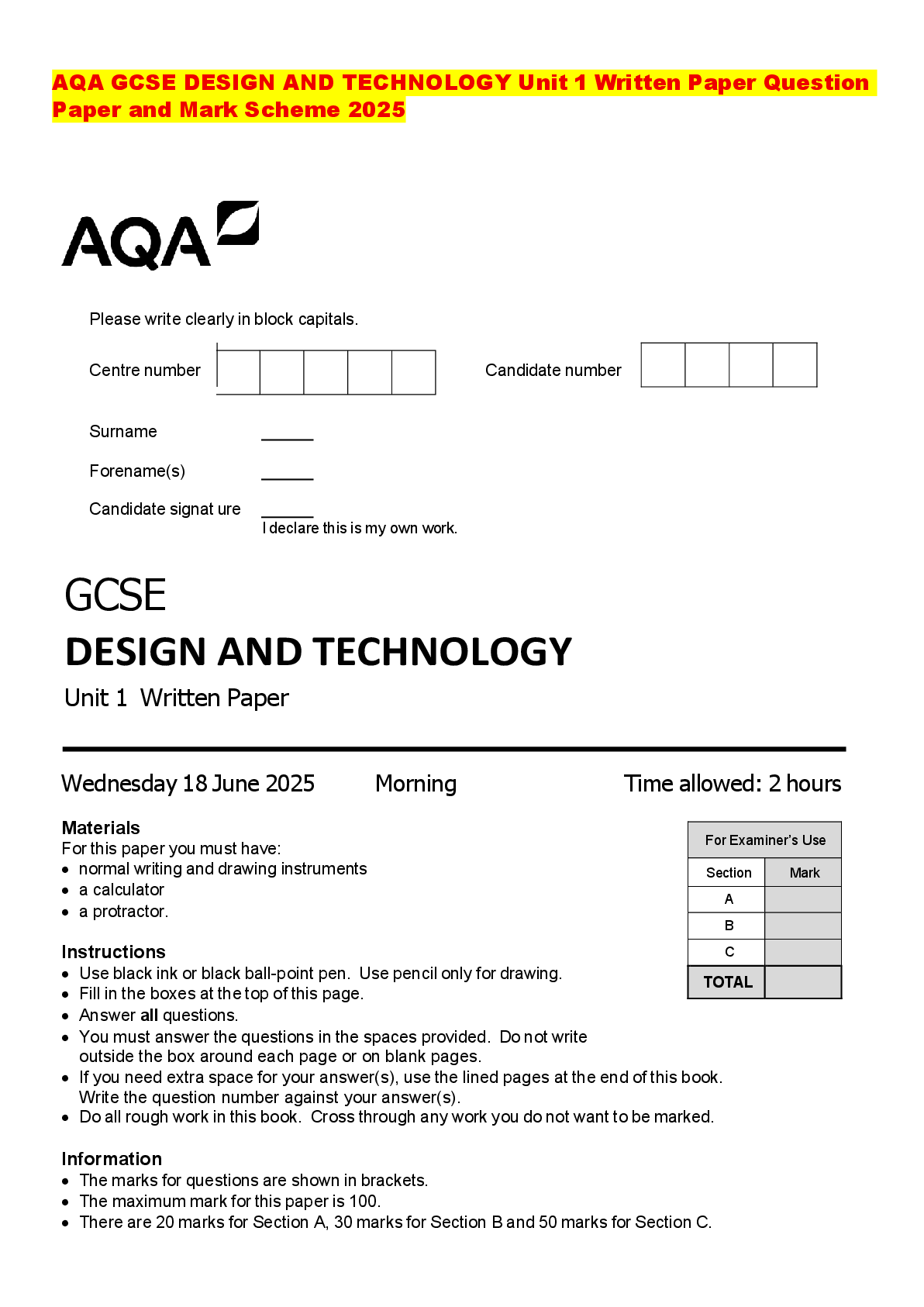 Recommended document preview for AQA GCSE DESIGN AND TECHNOLOGY Unit 1 Written Paper Question Paper and Mark Scheme 2025