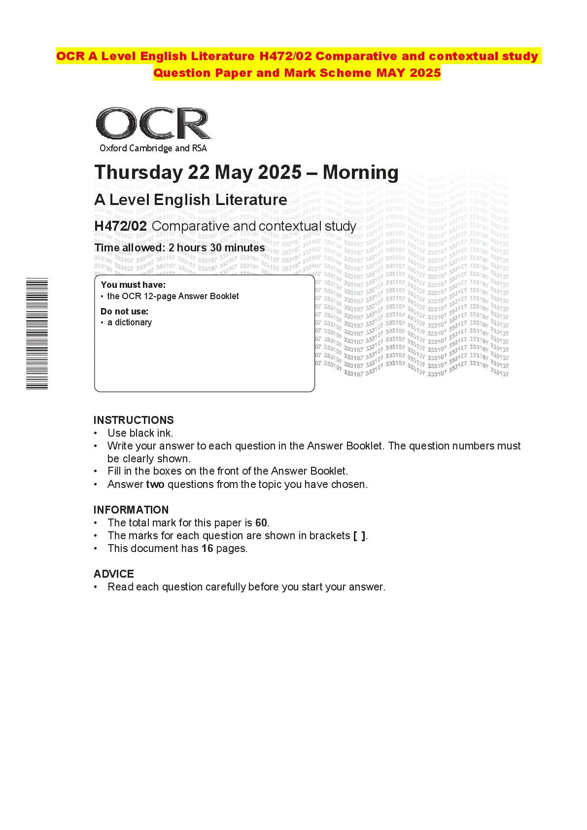 Recommended document preview for OCR A Level English Literature H472/02 Comparative and contextual study Question Paper and Mark Scheme MAY 2025