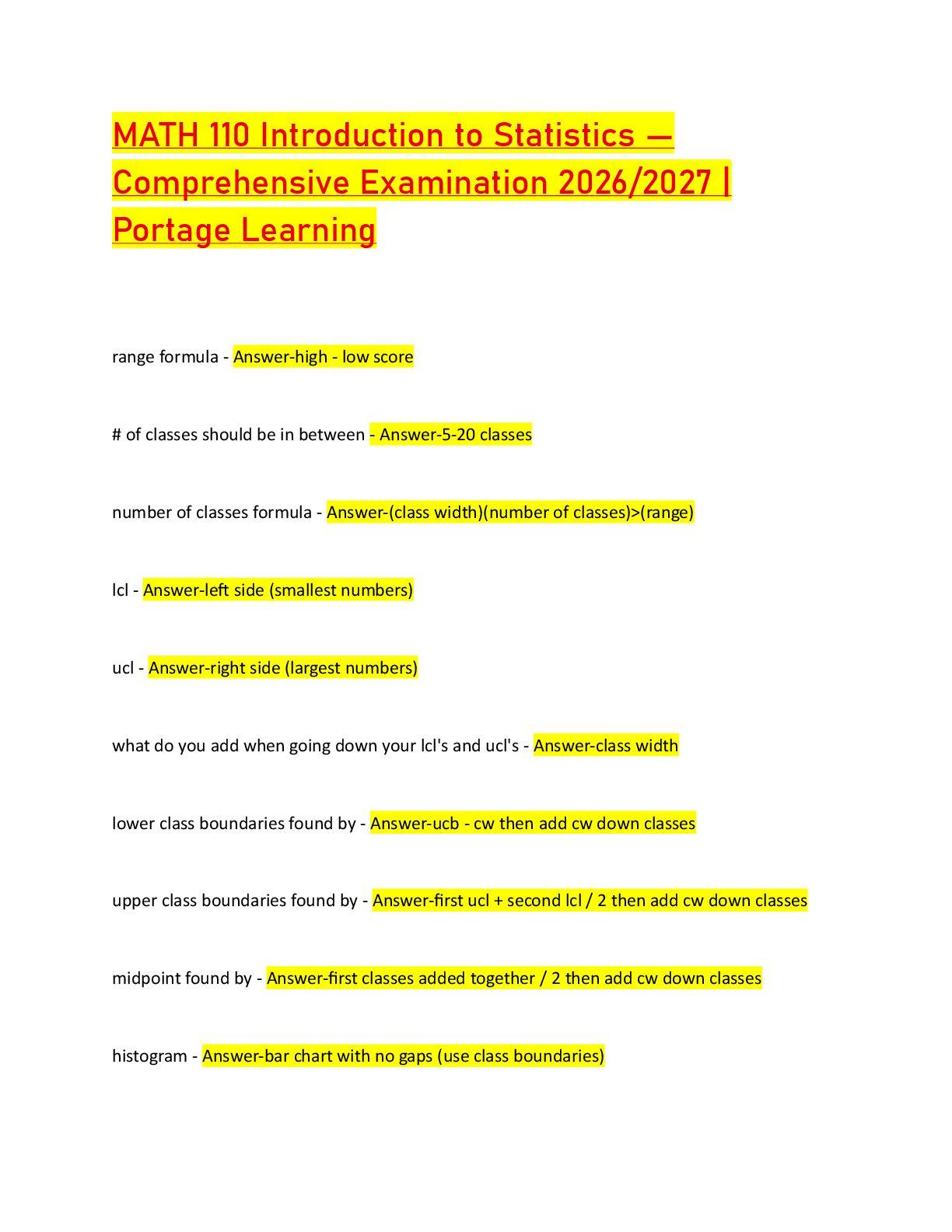 Recommended document preview for MATH 110 Introduction to Statistics —  Comprehensive Examination 2026/2027 |  Portage Learning