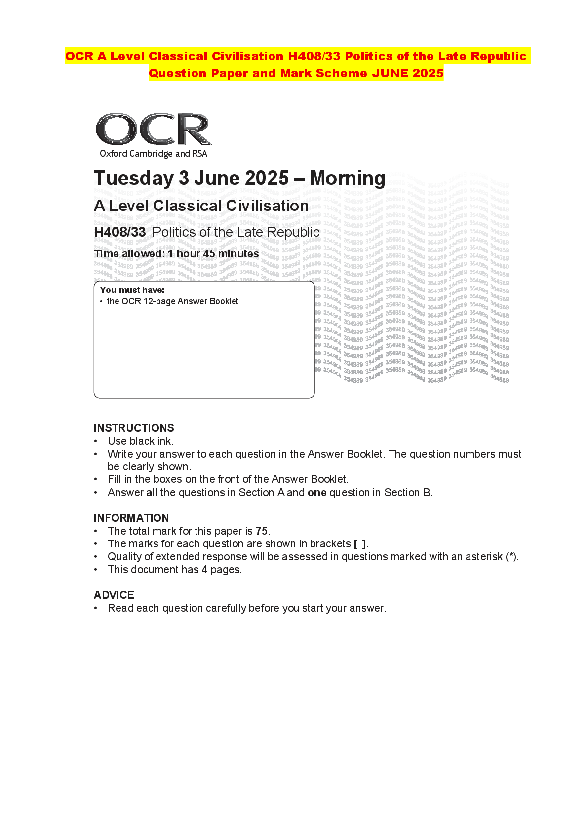 Recommended document preview for OCR A Level Classical Civilisation H408/33 Politics of the Late Republic Question Paper and Mark Scheme JUNE 2025