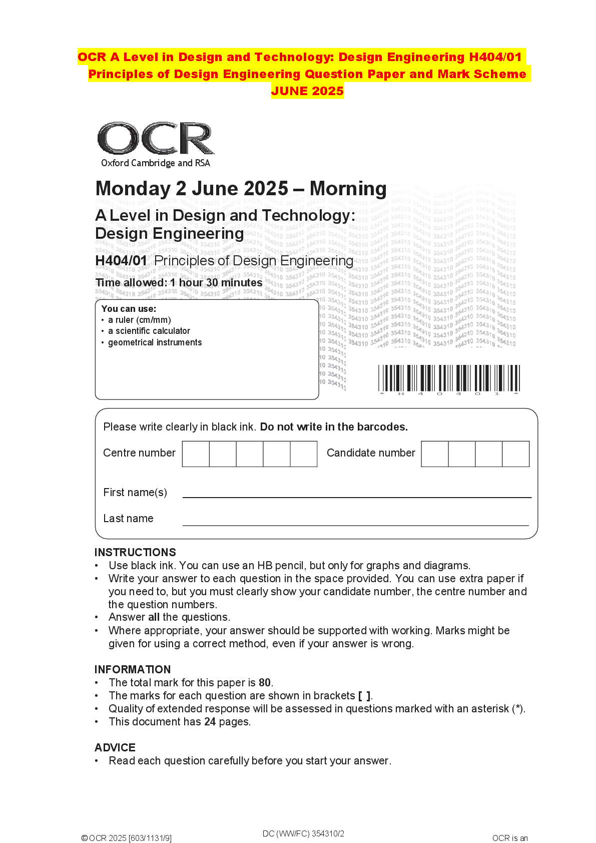 Recommended document preview for OCR A Level in Design and Technology: Design Engineering H404/01 Principles of Design Engineering Question Paper and Mark Scheme JUNE 2025