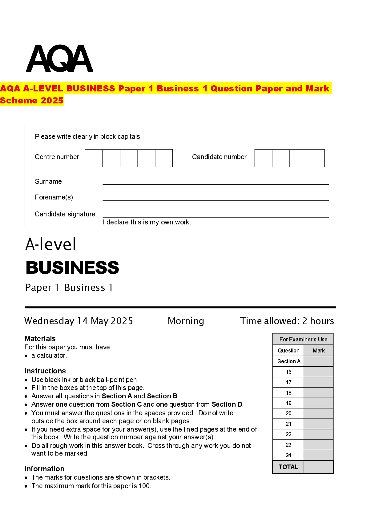 Recommended document preview for AQA A-LEVEL BUSINESS Paper 1 Business 1 Question Paper and Mark Scheme 2025