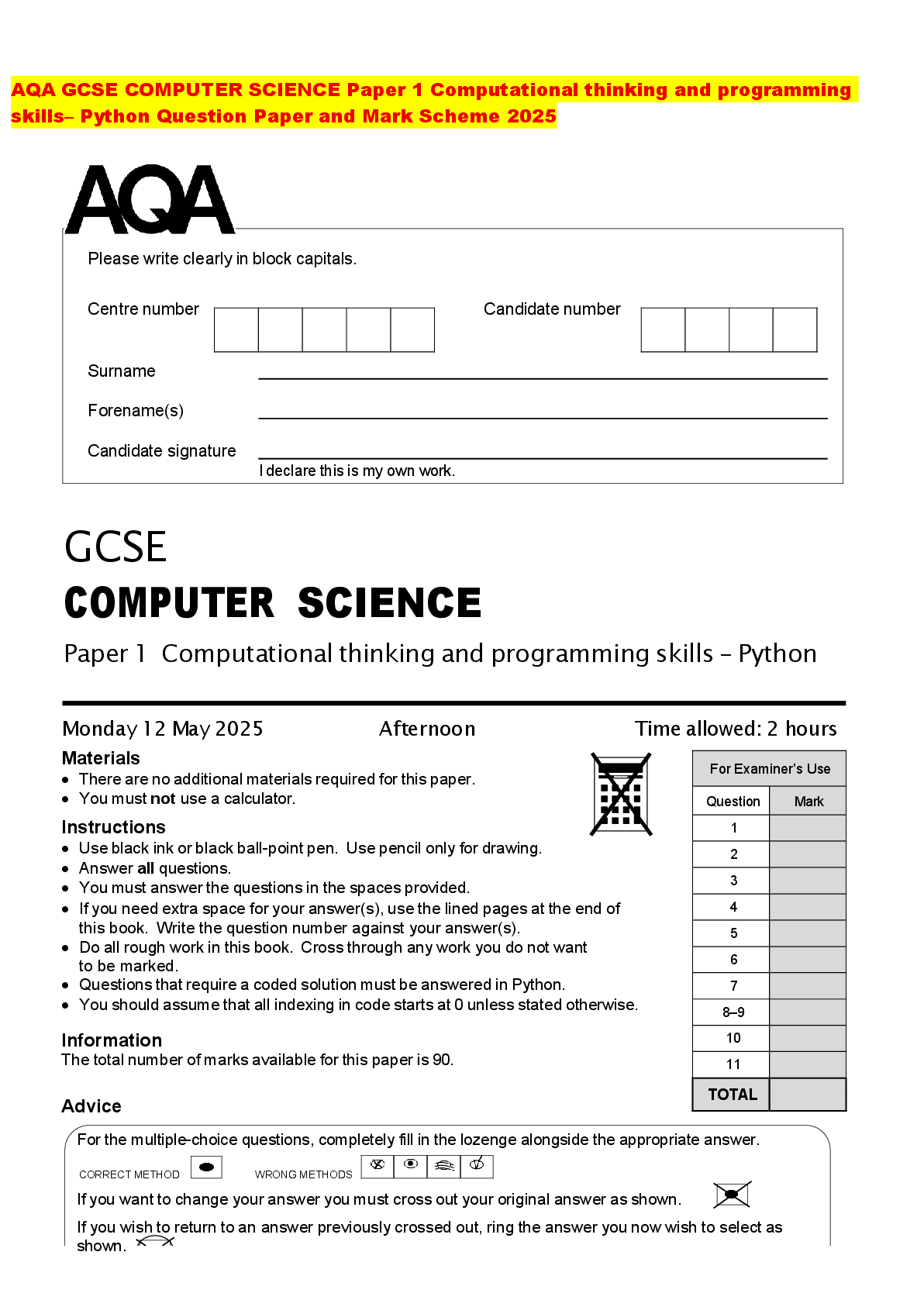 Recommended document preview for AQA GCSE COMPUTER SCIENCE Paper 1 Computational thinking and programming skills– Python Question Paper and Mark Scheme 2025