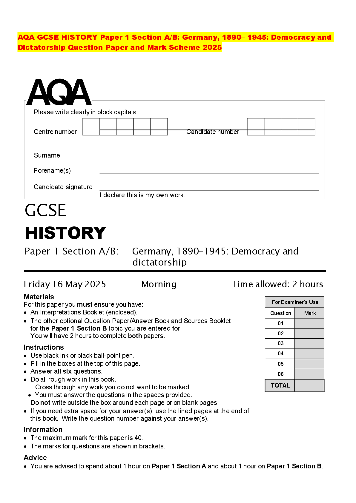 Recommended document preview for AQA GCSE HISTORY Paper 1 Section A/B: Germany, 1890– 1945: Democracy and Dictatorship Question Paper and Mark Scheme 2025