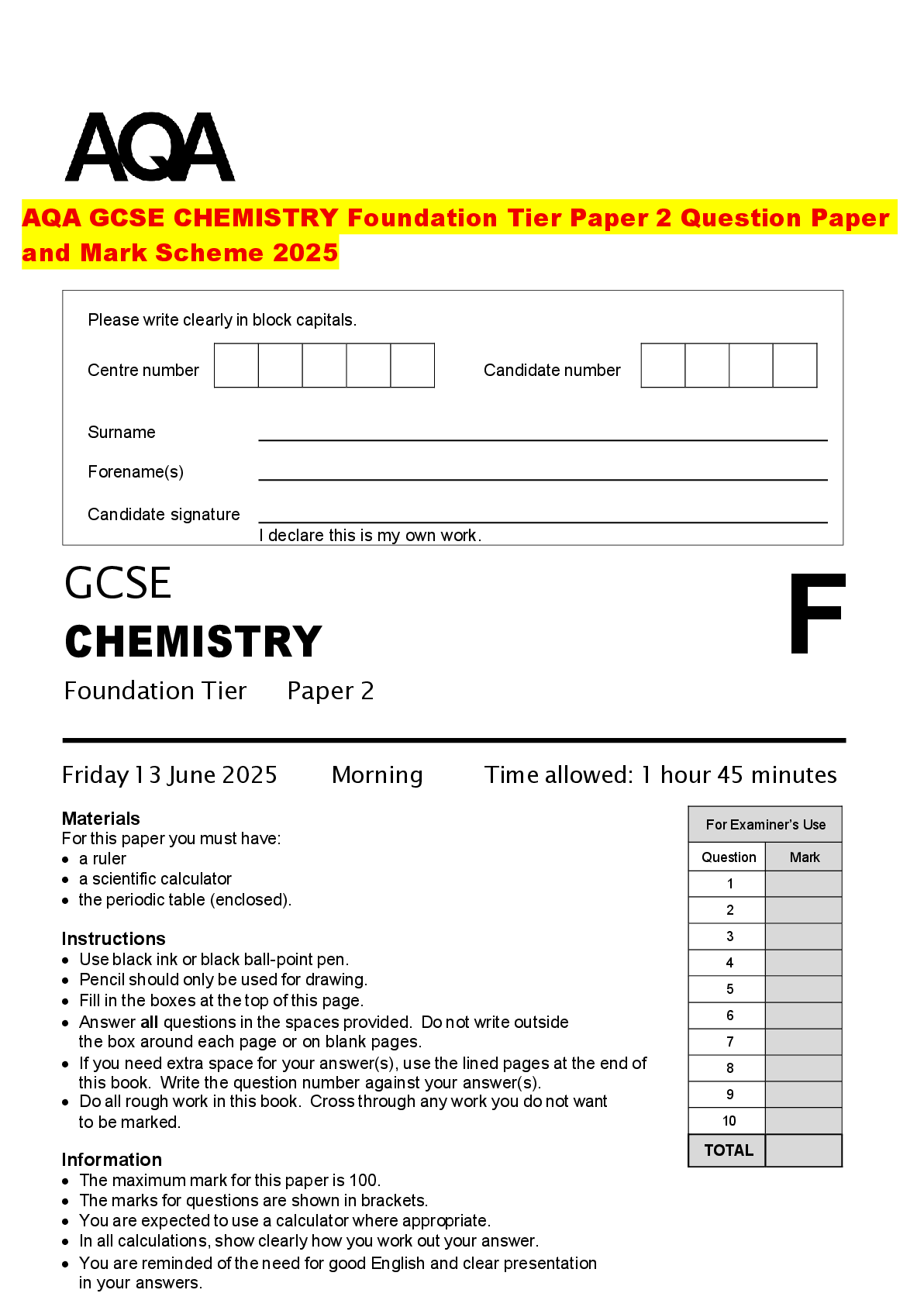 Recommended document preview for AQA GCSE CHEMISTRY Foundation Tier Paper 2 Question Paper and Mark Scheme 2025