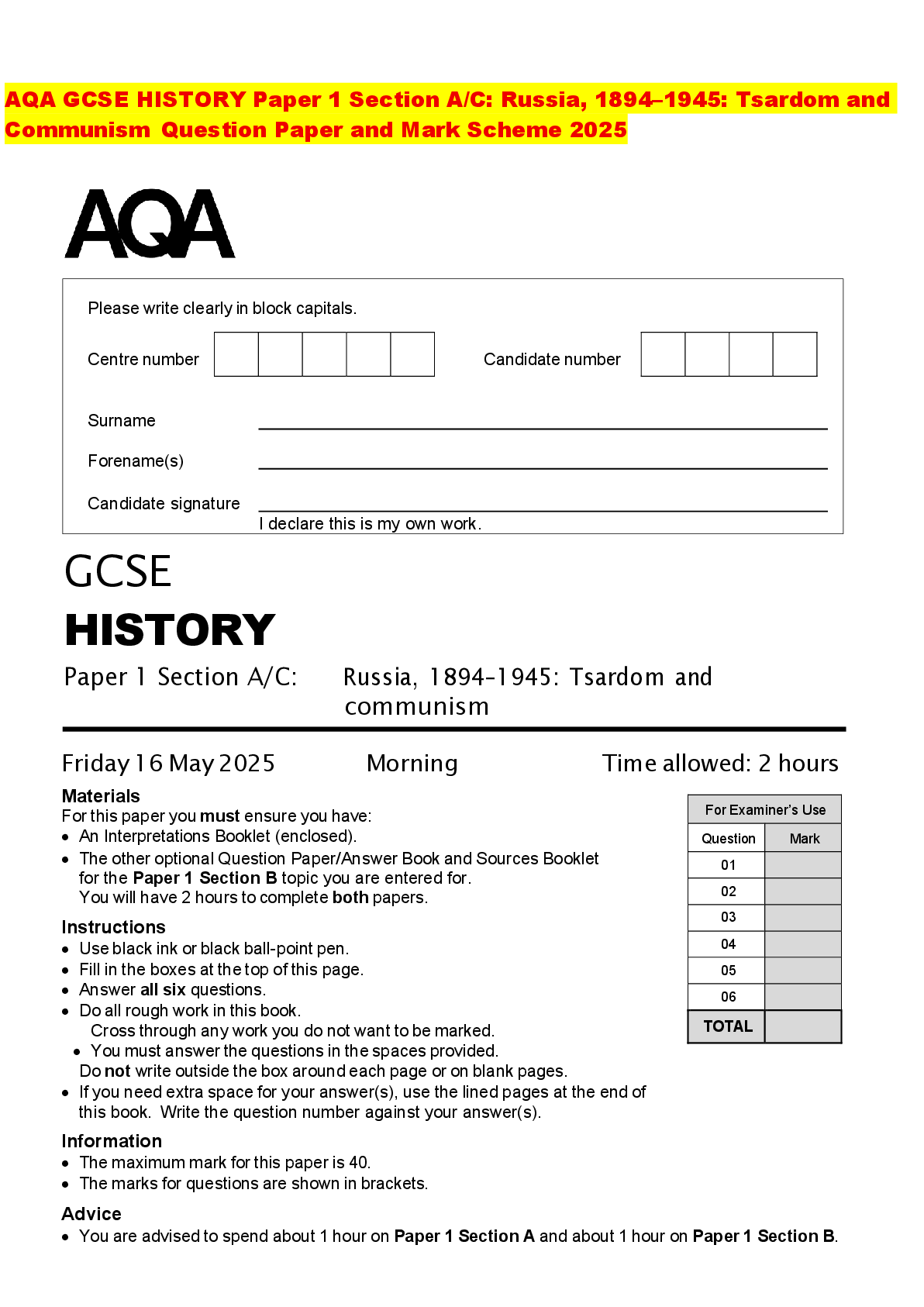Recommended document preview for AQA GCSE HISTORY Paper 1 Section A/C: Russia, 1894–1945: Tsardom and Communism Question Paper and Mark Scheme 2025