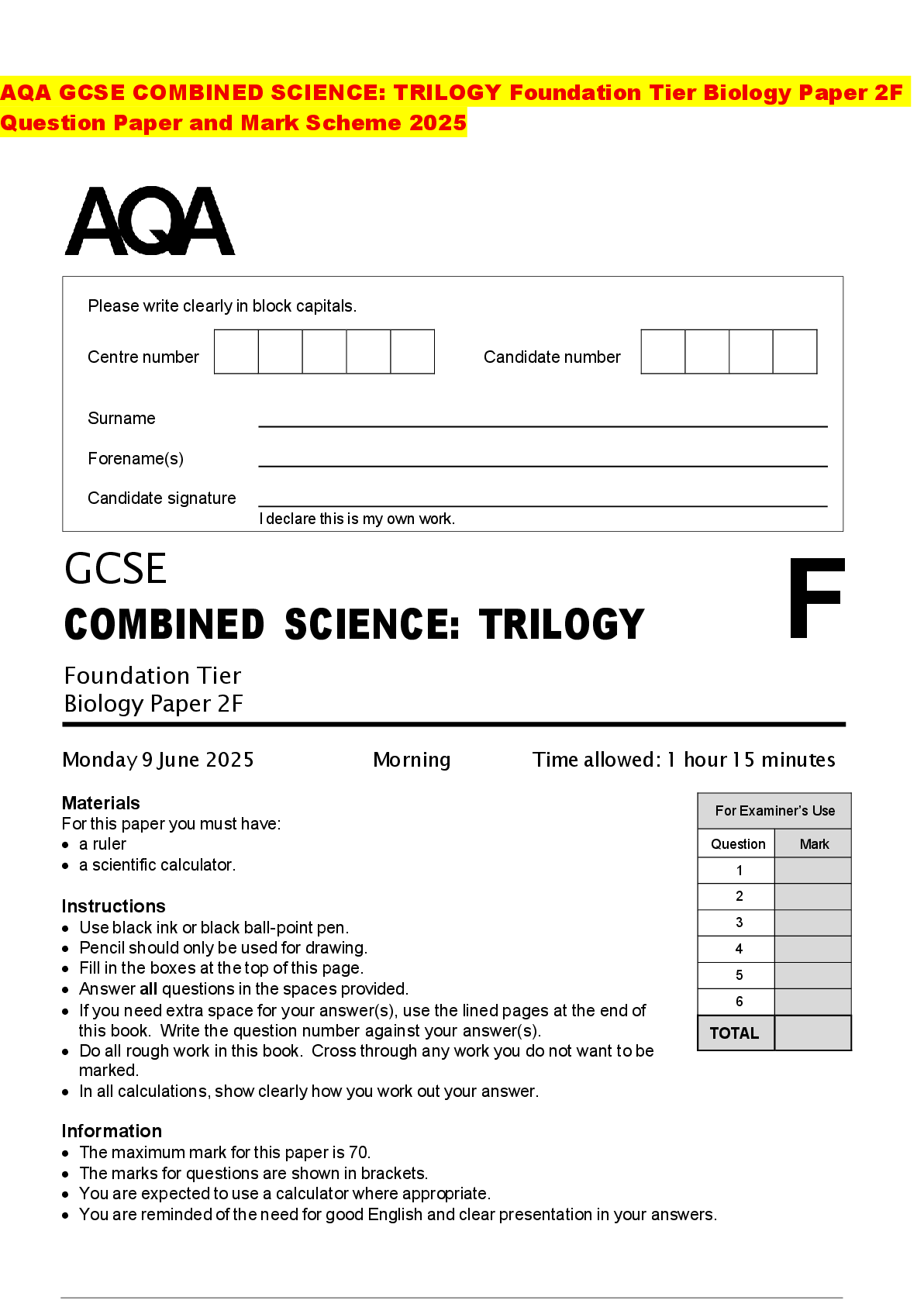 Recommended document preview for AQA GCSE COMBINED SCIENCE: TRILOGY Foundation Tier Biology Paper 2F Question Paper and Mark Scheme 2025