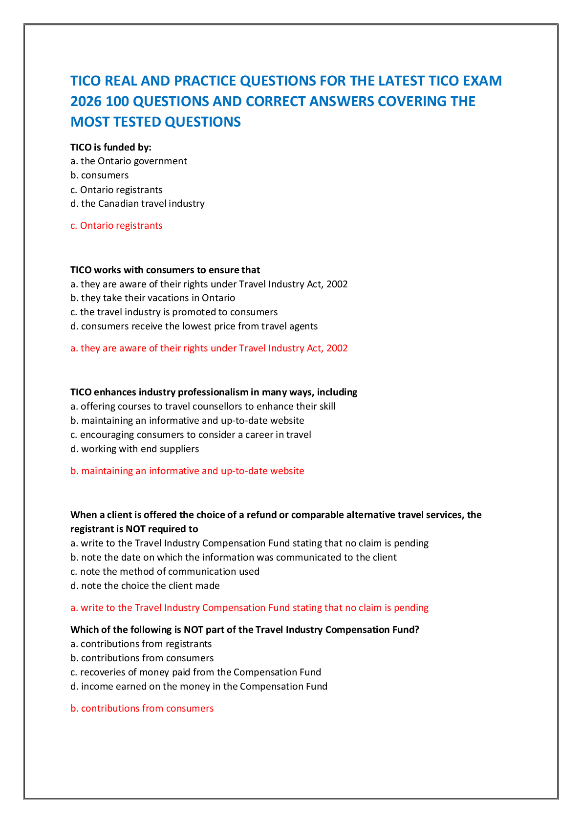 Recommended document preview for TICO REAL AND PRACTICE QUESTIONS FOR THE LATEST TICO EXAM  2026 100 QUESTIONS AND CORRECT ANSWERS COVERING THE  MOST TESTED QUESTIONS