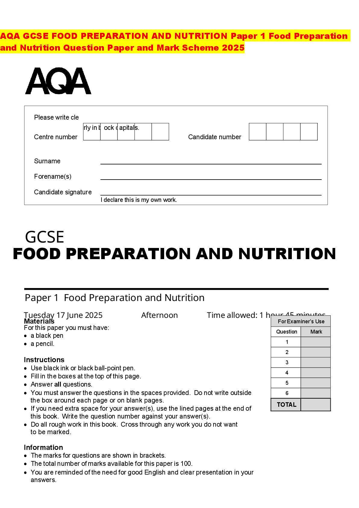 Recommended document preview for AQA GCSE FOOD PREPARATION AND NUTRITION Paper 1 Food Preparation and Nutrition Question Paper and Mark Scheme 2025