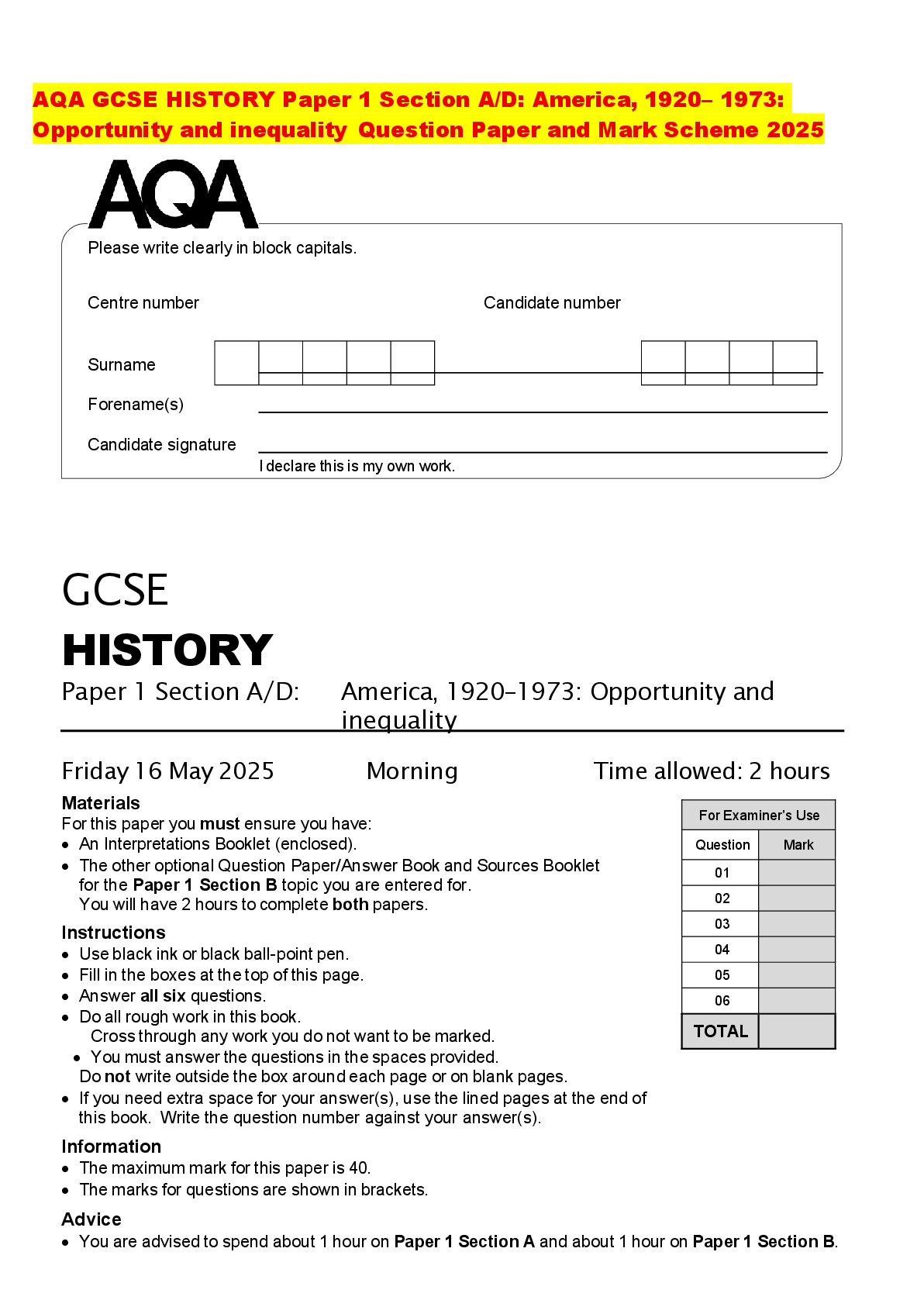 Preview of AQA GCSE HISTORY Paper 1 Section A/D: America, 1920– 1973: Opportunity and inequality Ques