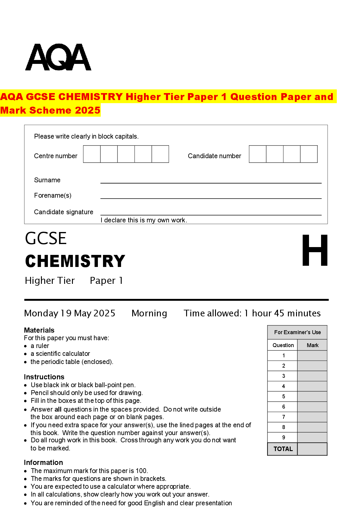 Recommended document preview for AQA GCSE CHEMISTRY Higher Tier Paper 1 Question Paper and Mark Scheme 2025