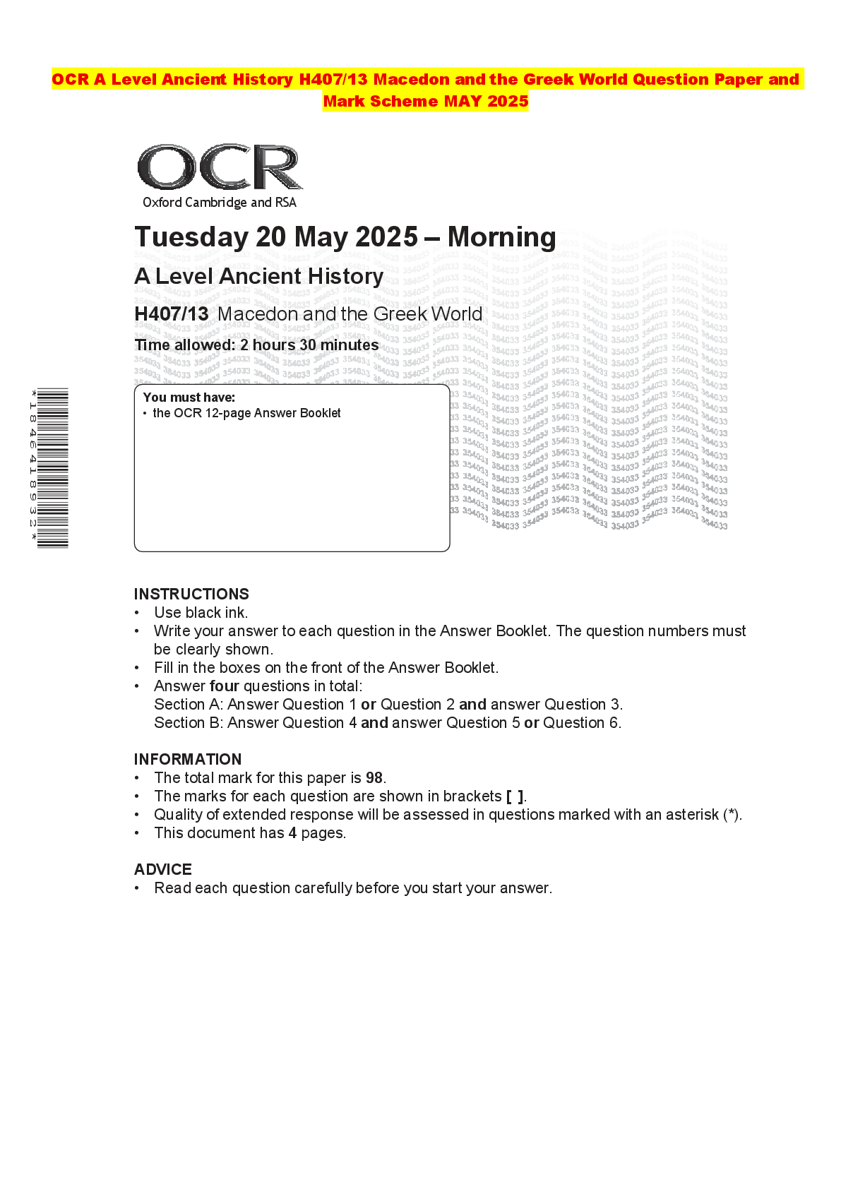 Recommended document preview for OCR A Level Ancient History H407/13 Macedon and the Greek World Question Paper and Mark Scheme MAY 2025