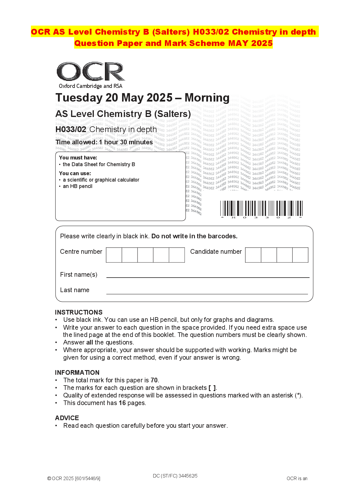 Recommended document preview for OCR AS Level Chemistry B (Salters) H033/02 Chemistry in depth Question Paper and Mark Scheme MAY 2025