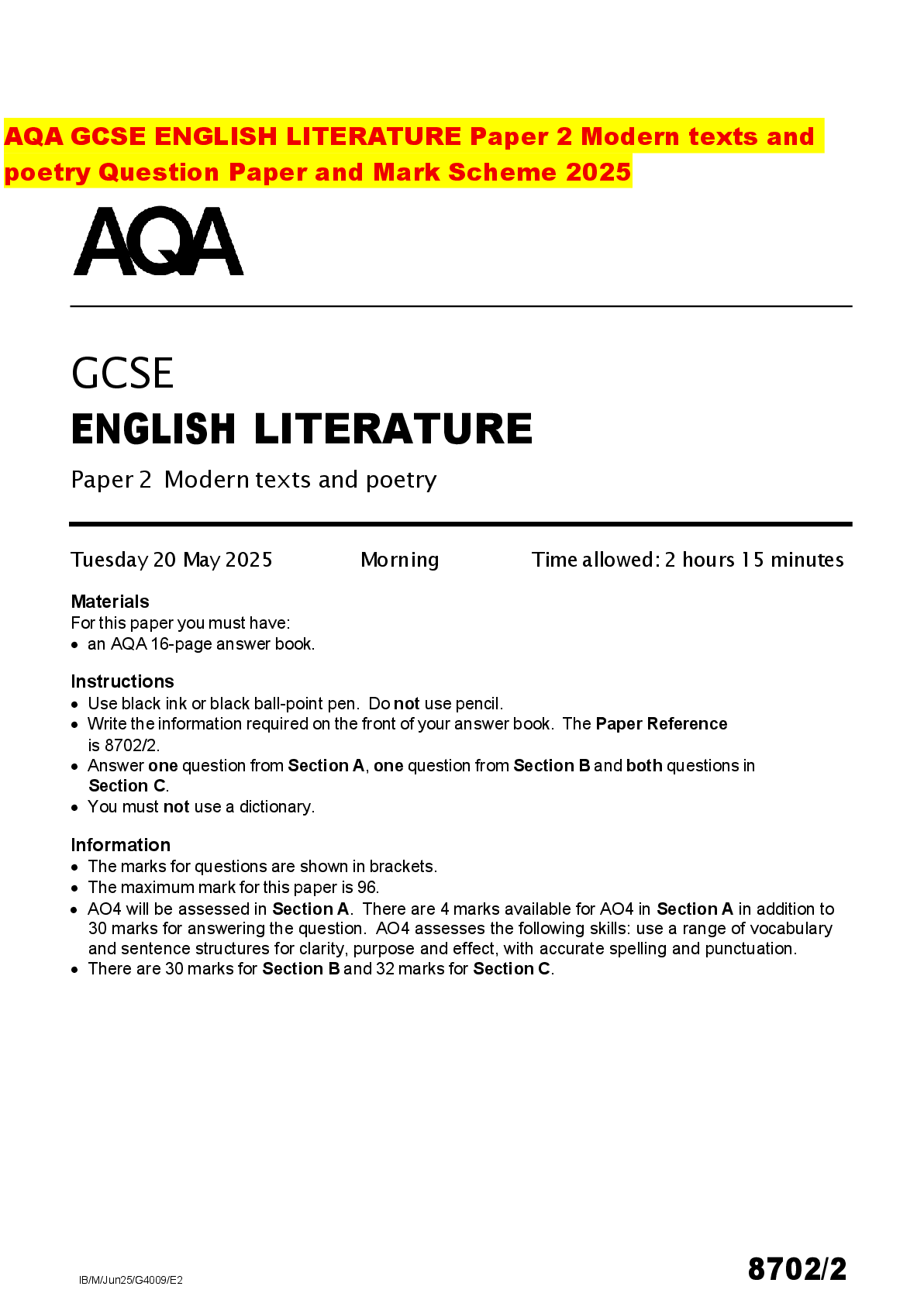 Recommended document preview for AQA GCSE ENGLISH LITERATURE Paper 2 Modern texts and poetry Question Paper and Mark Scheme 2025